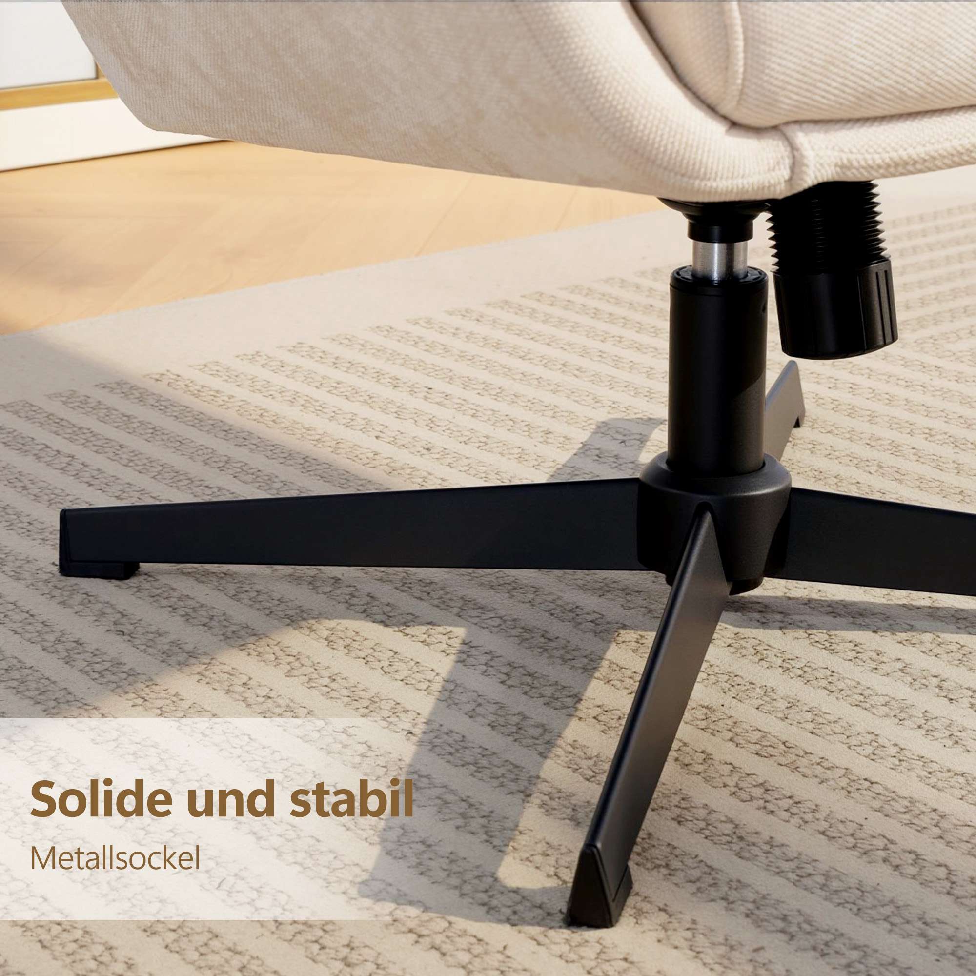 Loungefåtölj med fotpall, hög rygg, metallbas, beige