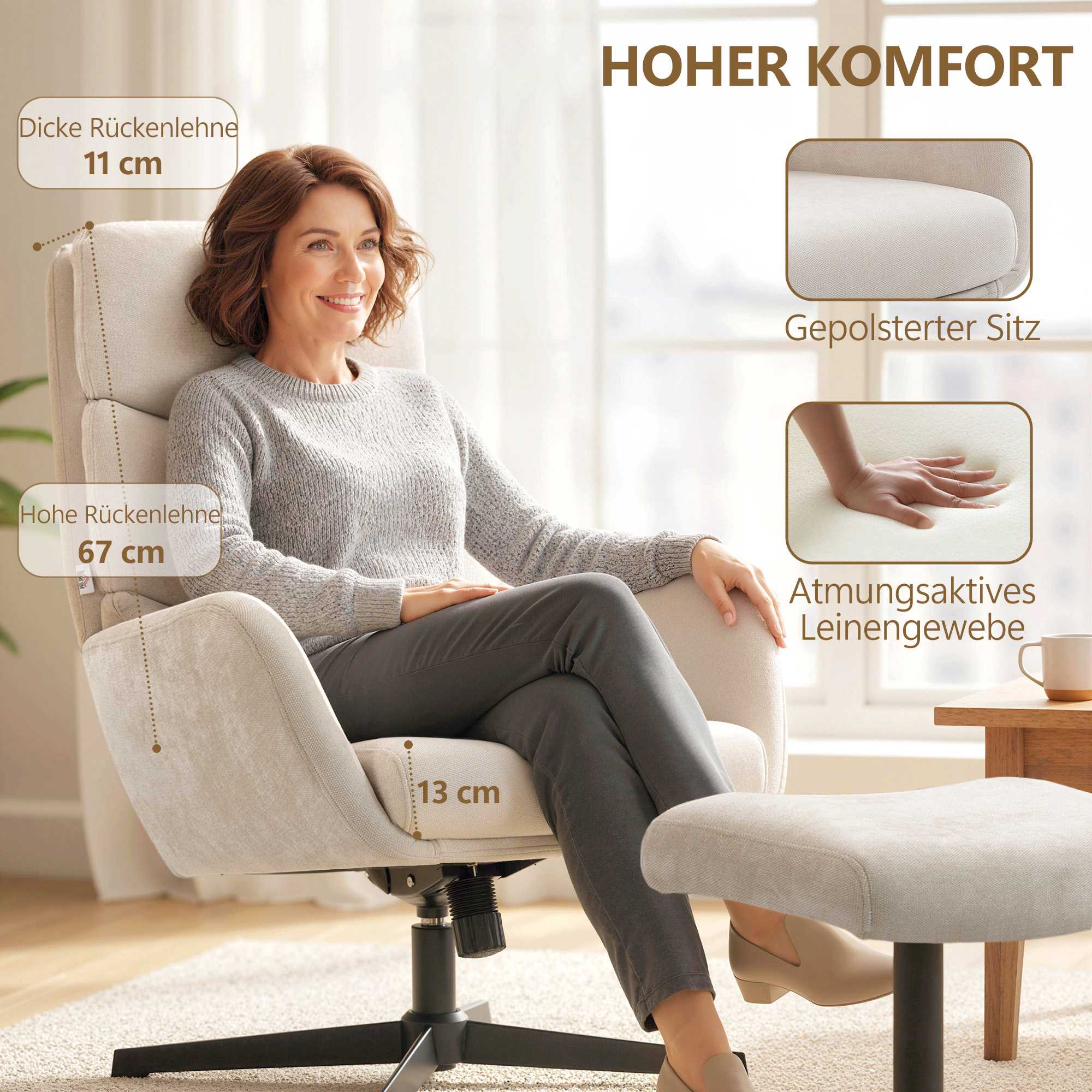 Loungefåtölj med fotpall, hög rygg, metallbas, beige