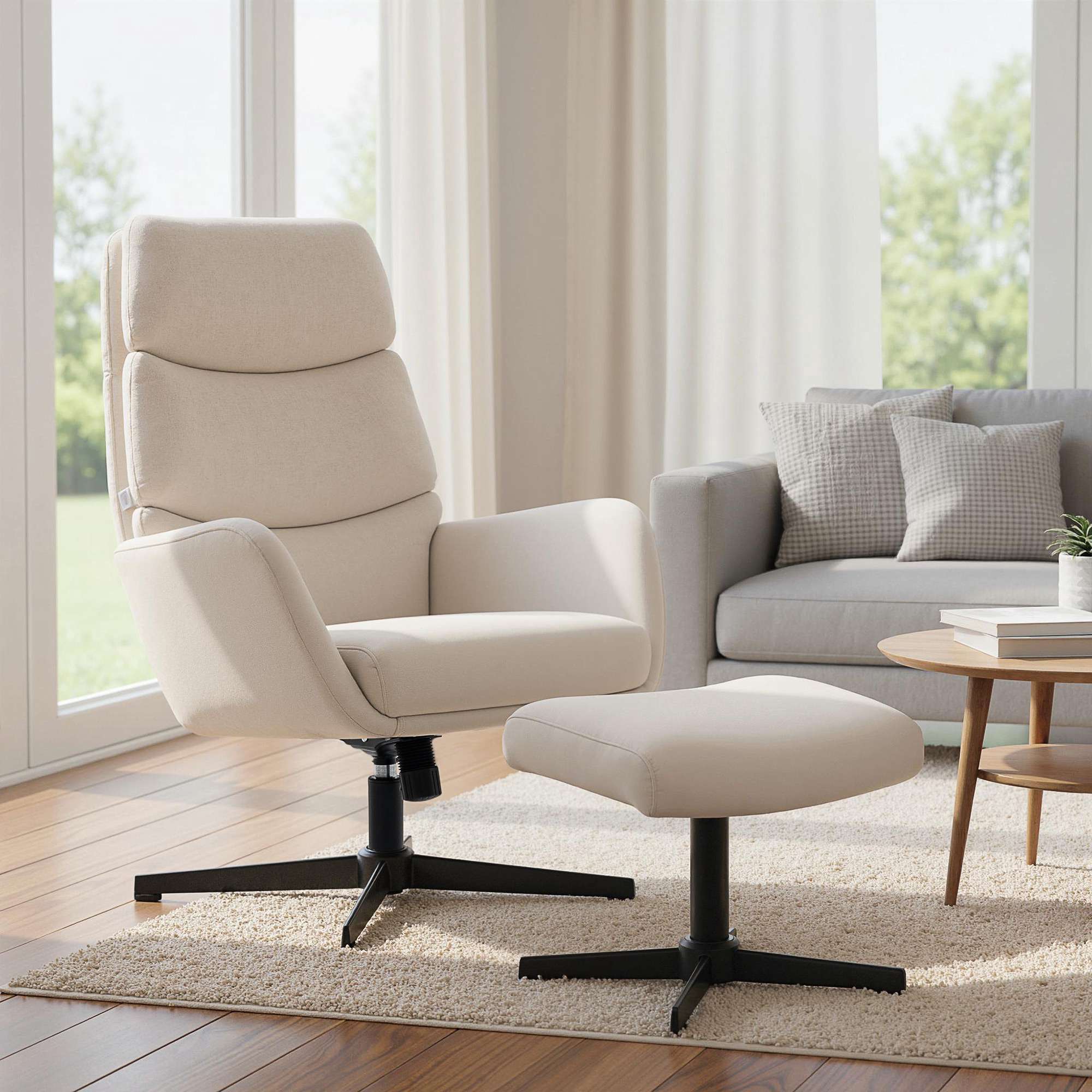Loungefåtölj med fotpall, hög rygg, metallbas, beige