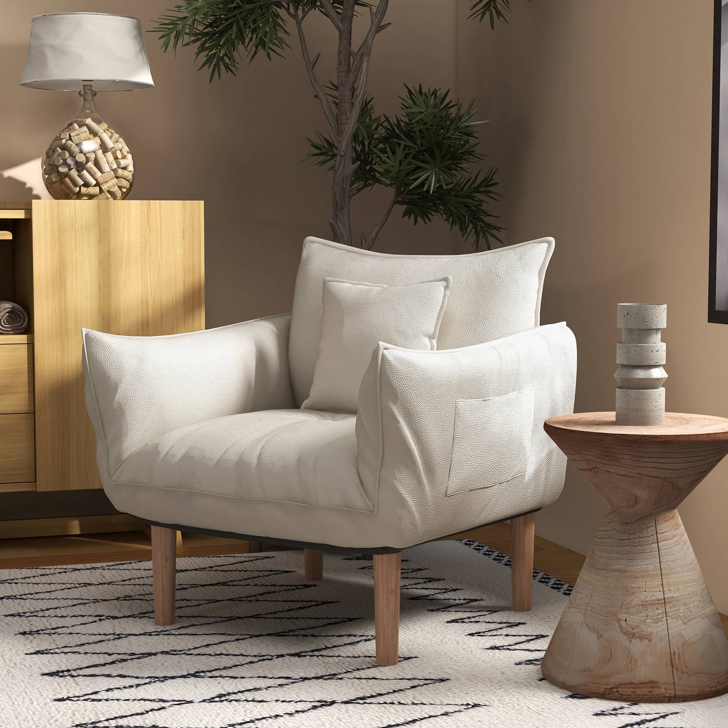 Loungestol med kuddar, justerbar och krämig mikrofiber