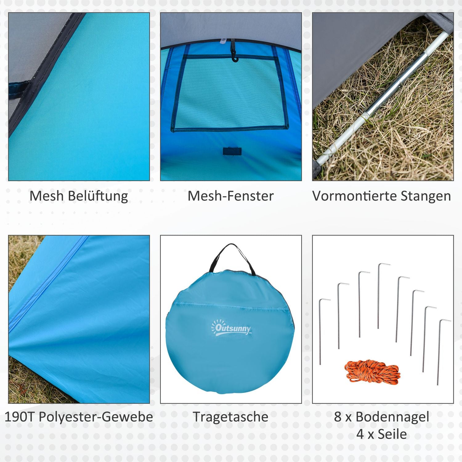 Lätt pop-up tält för 2 personer – 3 säsonger, blå/grå