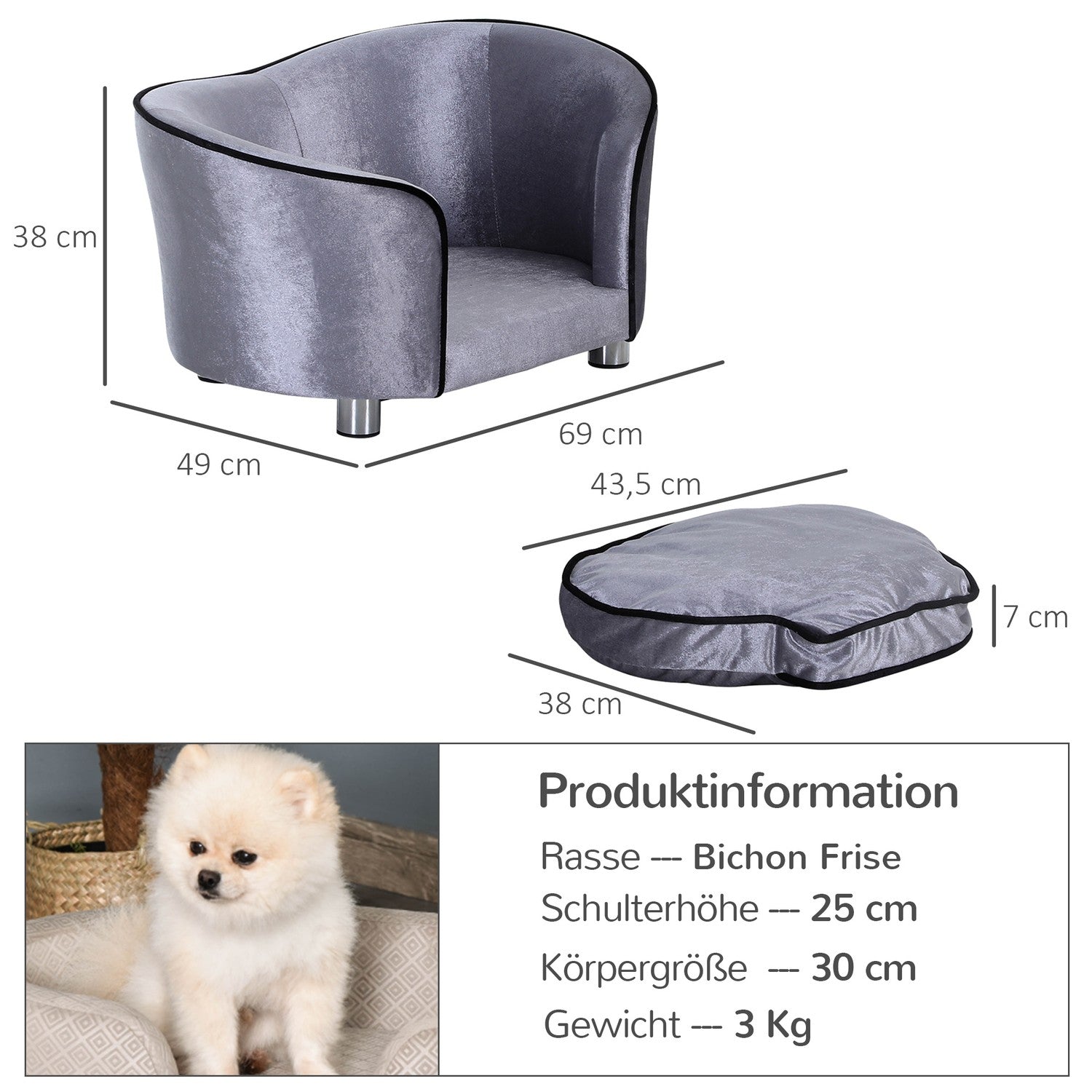Lyxig plysch soffa för husdjur med kudde, grå – 69x49x38 cm