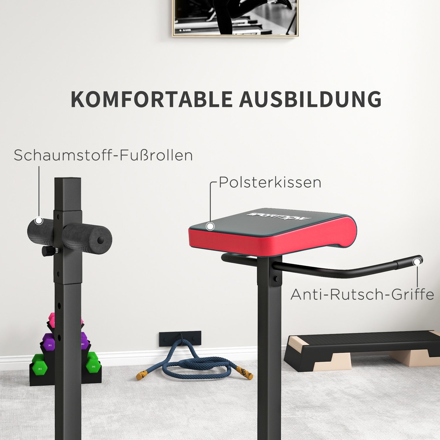 Mag- och ryggtränare, aktiverar muskler, 6 benrulllägen, sidohandtag, stålram