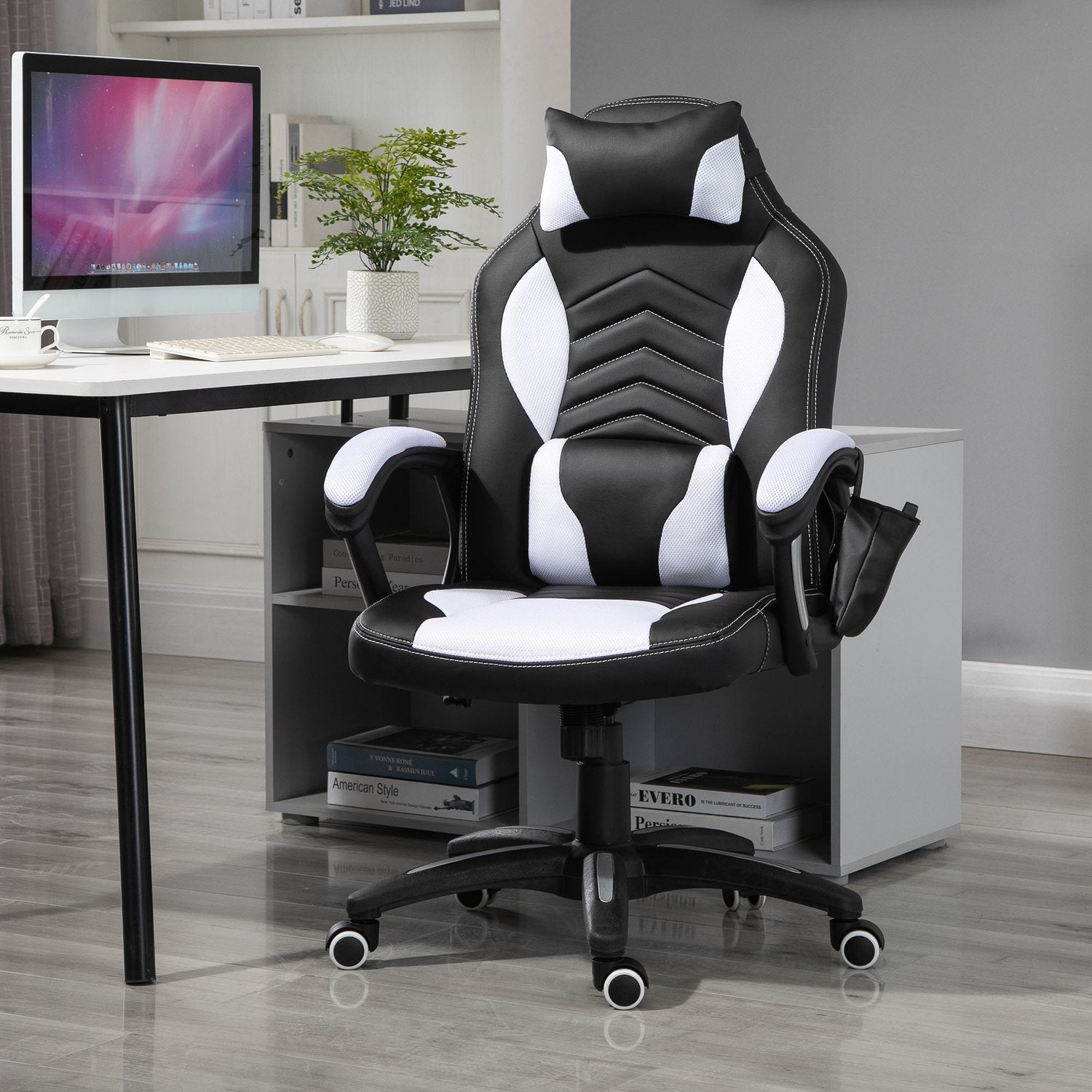 Massage Gaming Kontorsstol med Värme & Vibration, Svart/Vit