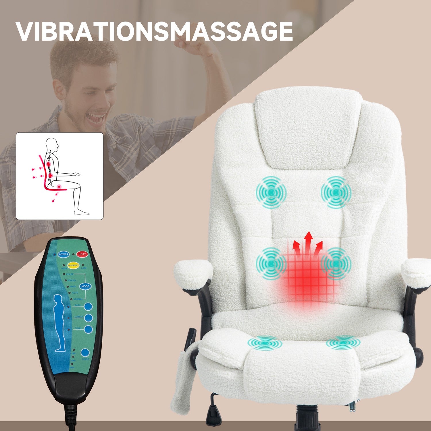 Massage Kontorsstol, Liggande, Uppvärmd, Teddy Sammet, Vit