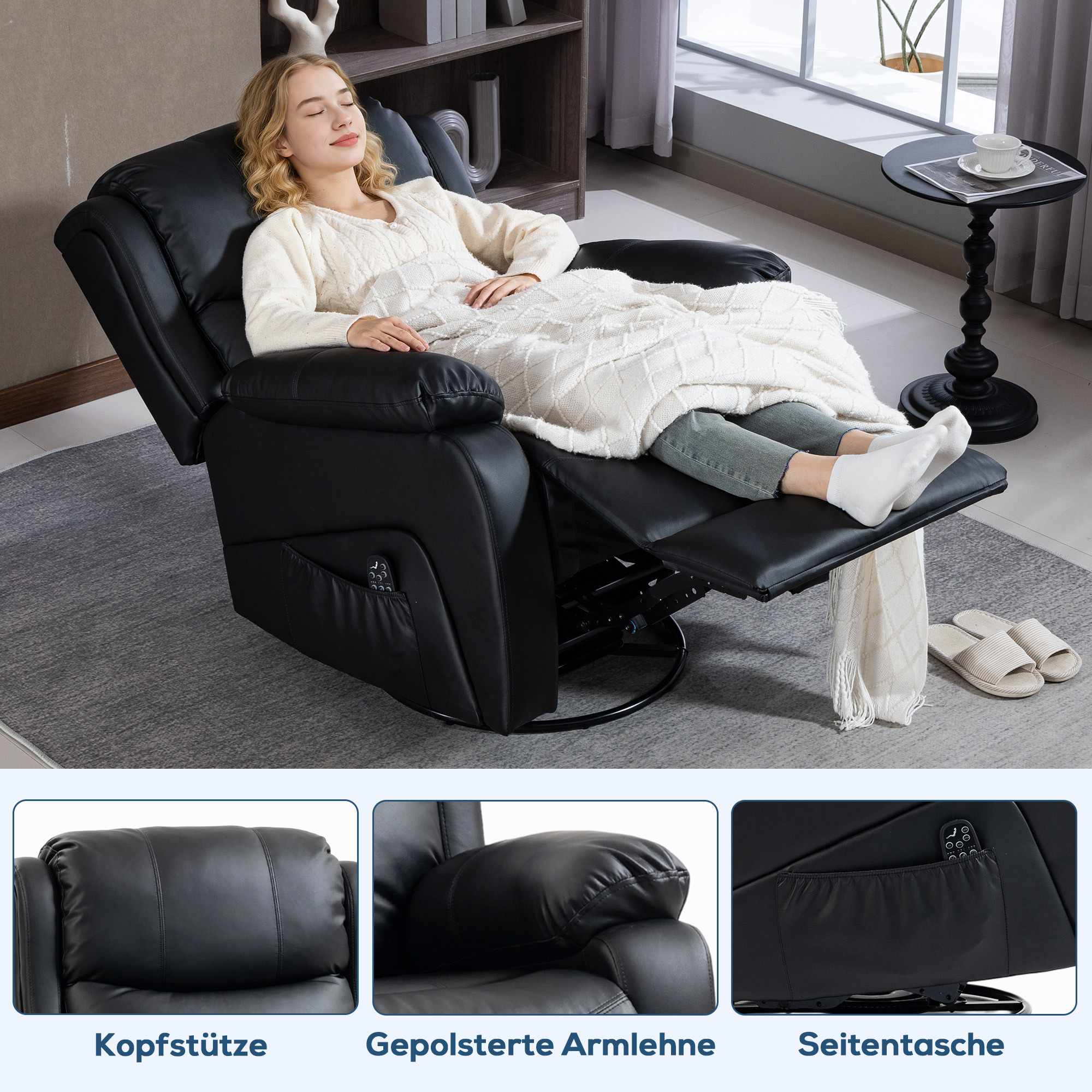 Massagefåtölj med värme, lutning, konstläder, svart