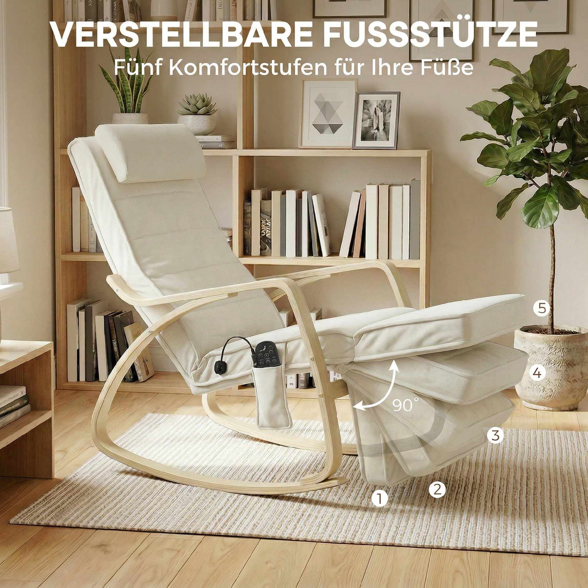 Massagegungstol med värme, fotstöd, sammet, krämfärgad