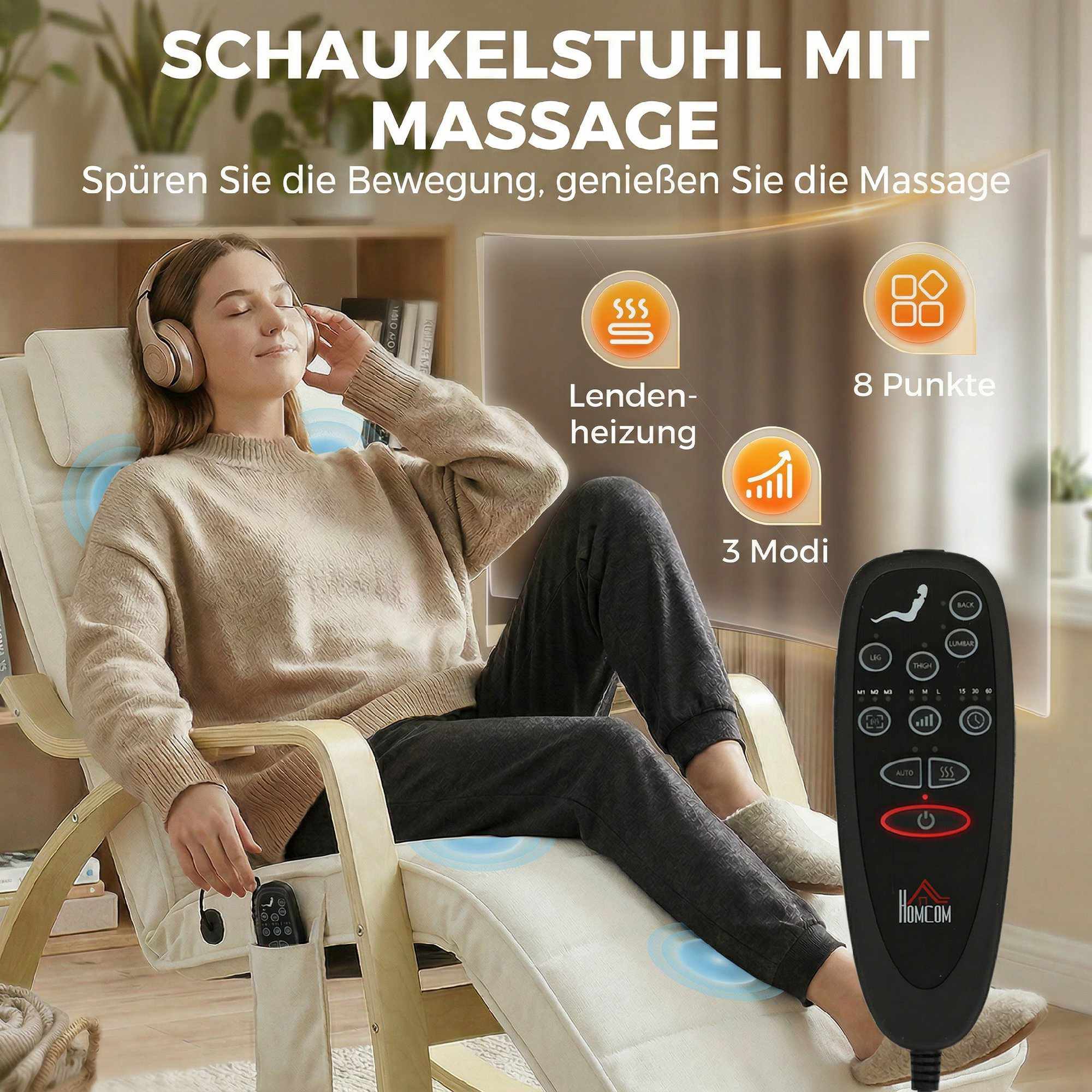 Massagegungstol med värme, fotstöd, sammet, krämfärgad