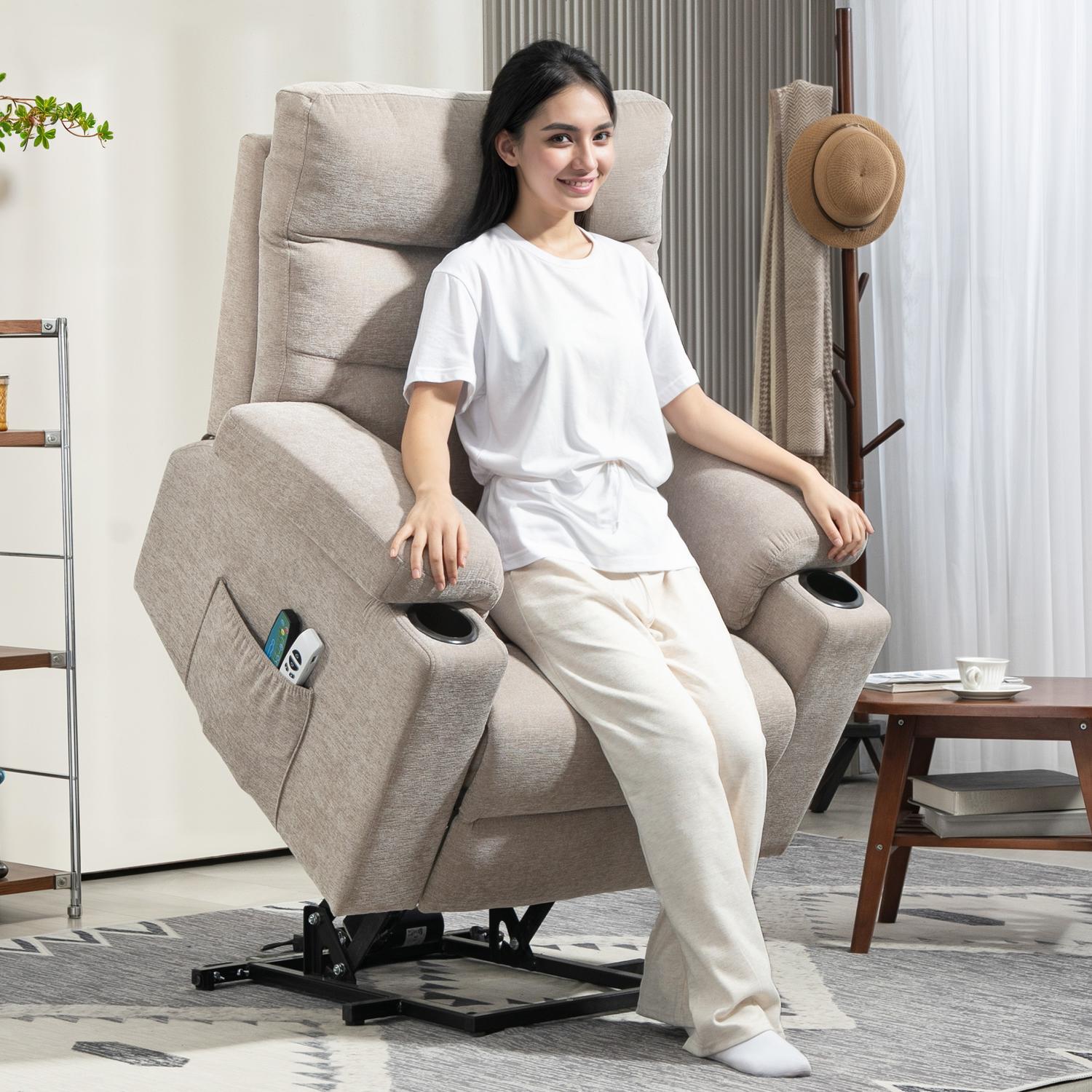 Massagestol med ståfunktion, 8 vibrationsmassagepunkter, elektriskt klädd stol med 2 fjärrkontroller, ljusbrun