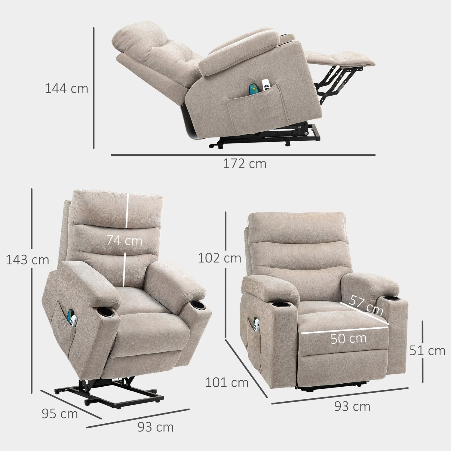 Massagestol med ståfunktion, 8 vibrationsmassagepunkter, elektriskt klädd stol med 2 fjärrkontroller, ljusbrun