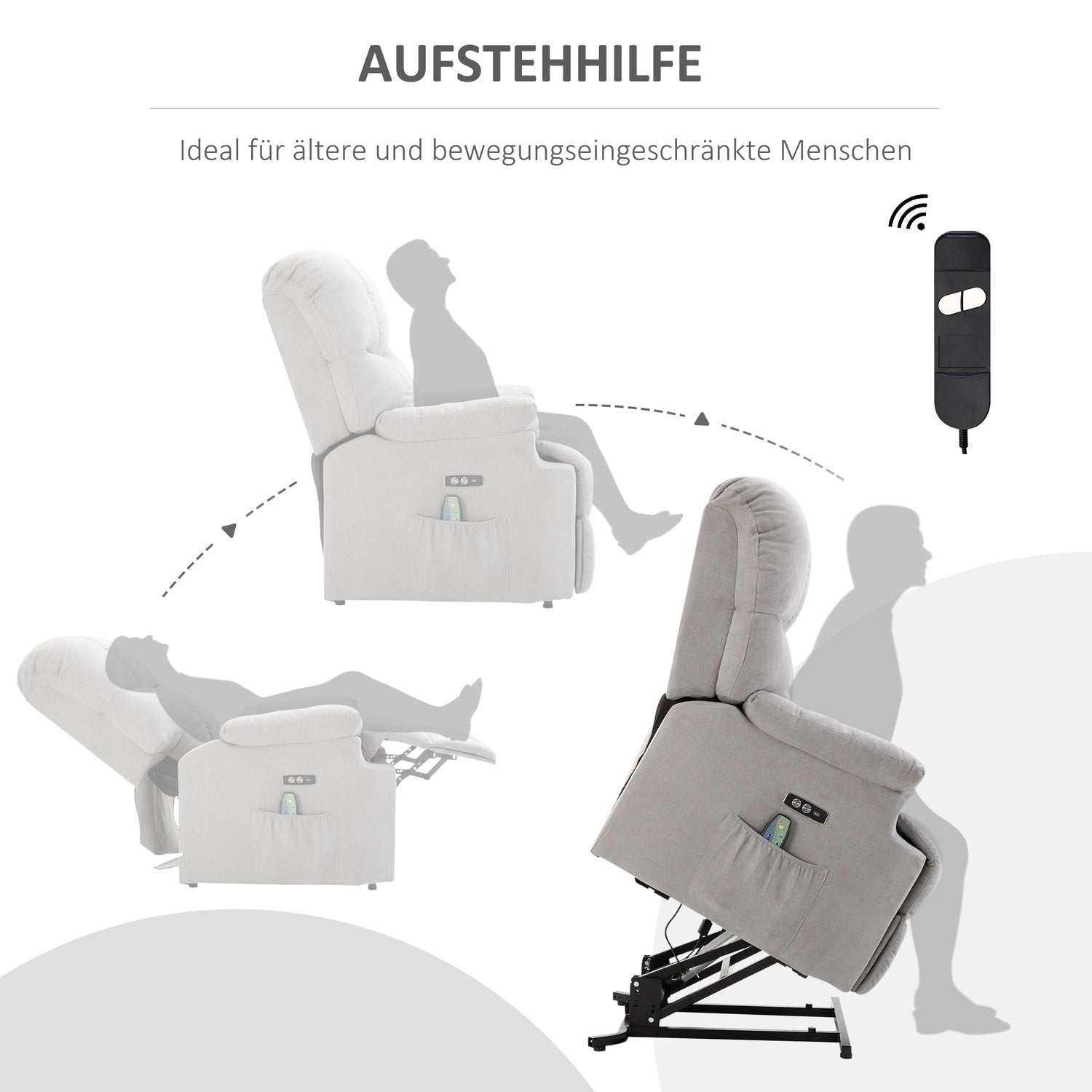 Massagestol med ståhjälp, justerbar, USB-fjärrkontroll