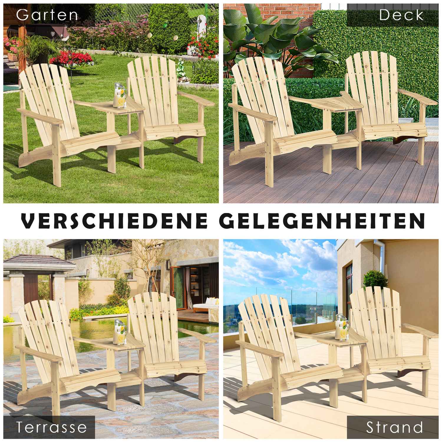 Massivt trä Adirondack trädgårdsstolset med bord, 2-sits