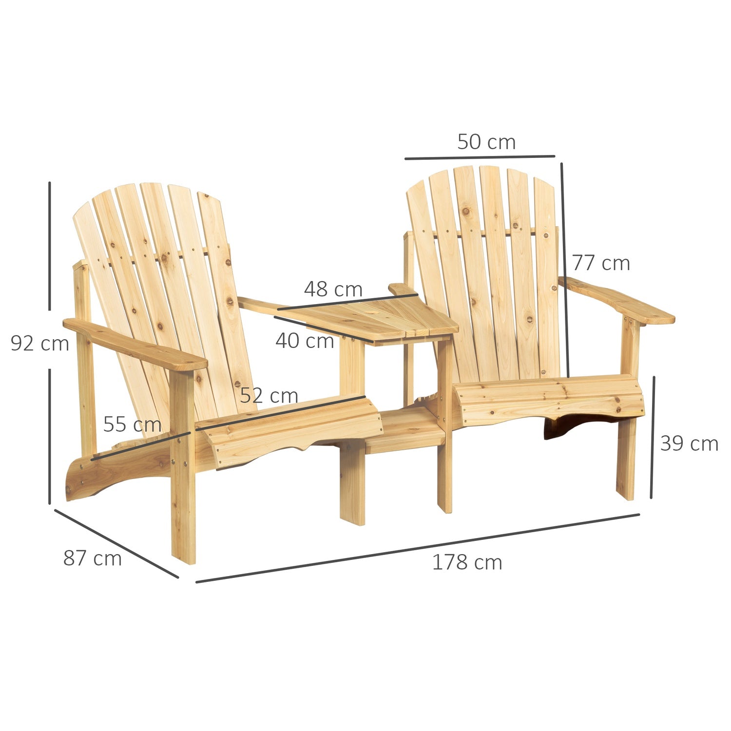 Massivt trä Adirondack trädgårdsstolset med bord, 2-sits