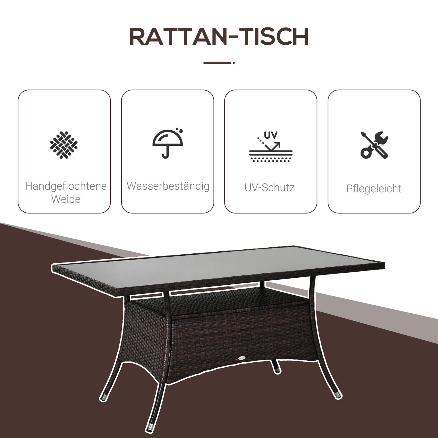 Matbord utomhus – Glas & Polyrattan, Brun & Svart, 150x85cm