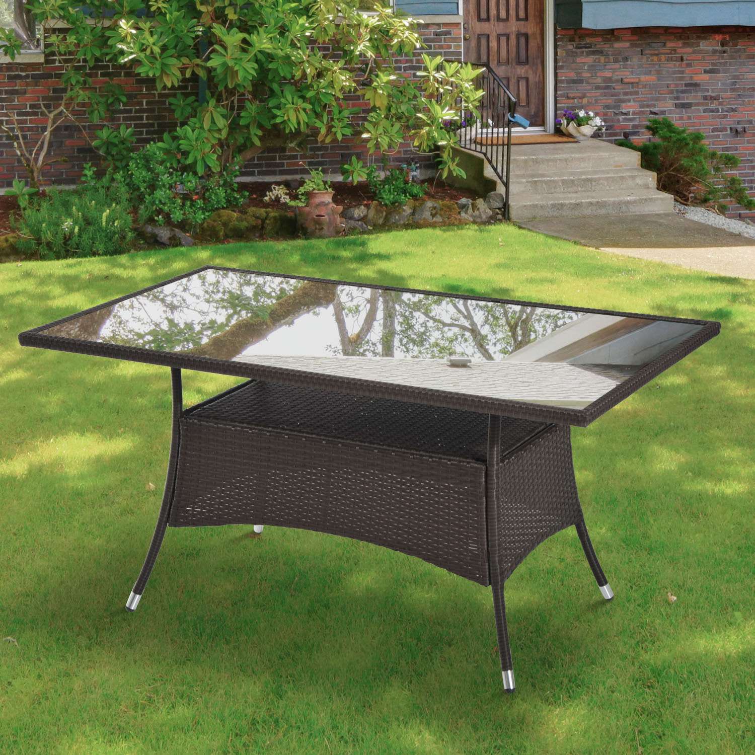 Matbord utomhus – Glas & Polyrattan, Brun & Svart, 150x85cm