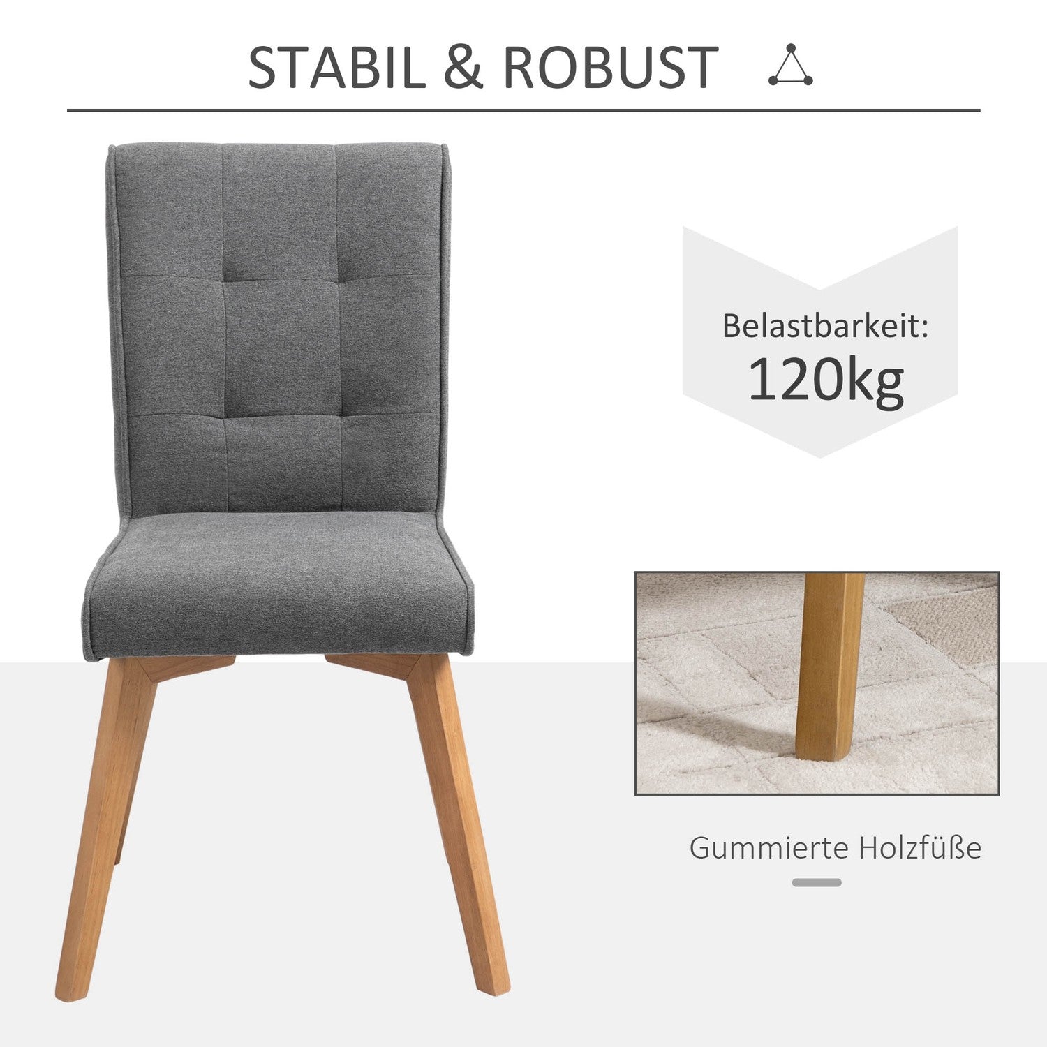 Matsalsstolar, grå linne, skum vadderad, trä