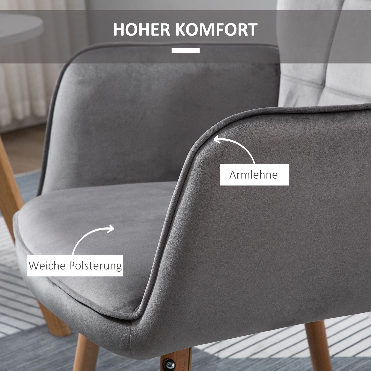 Matstol i grå sammet med armstöd – bokträ