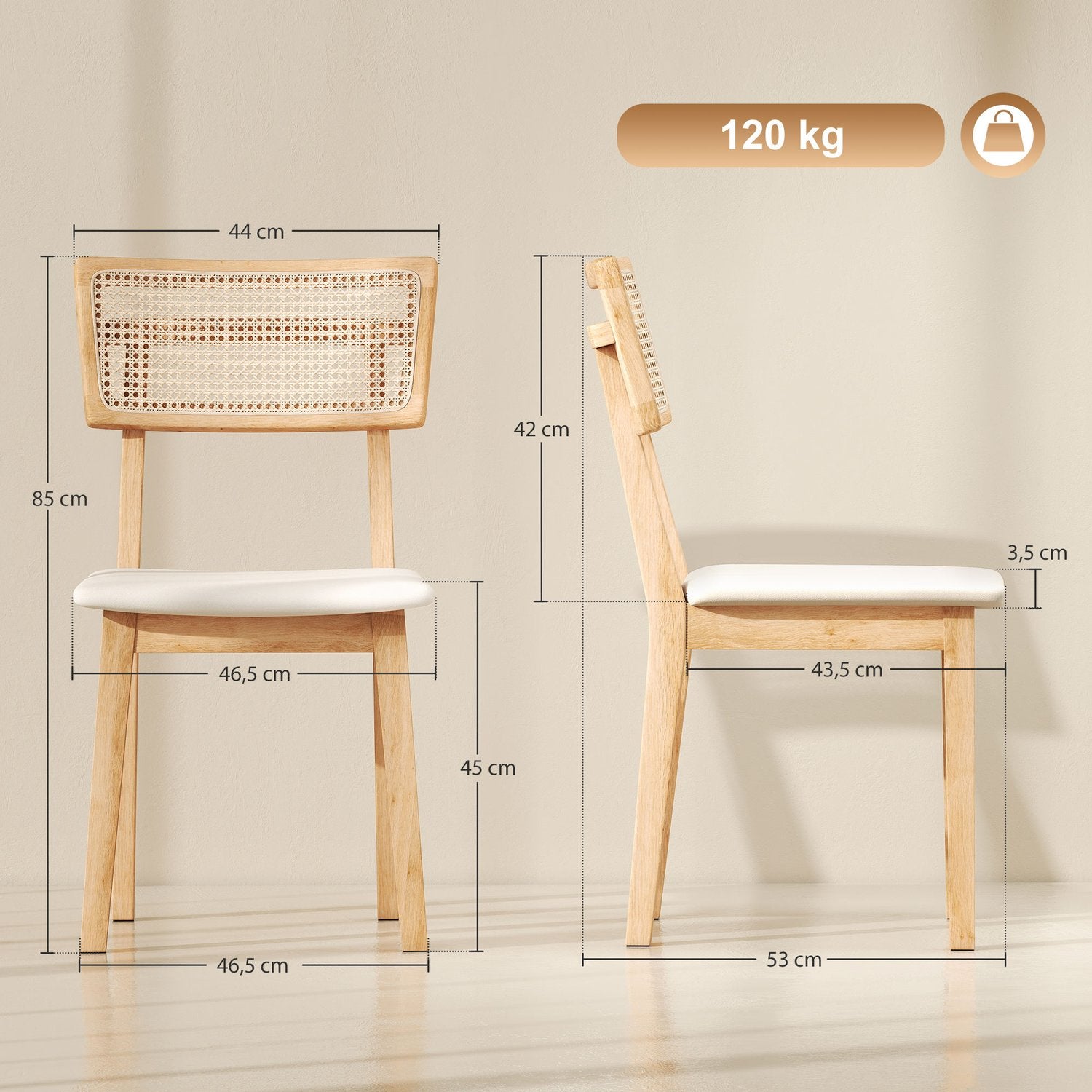 Matstol, ryggstöd i rotting, sits i konstläder, gummiträ, naturträ