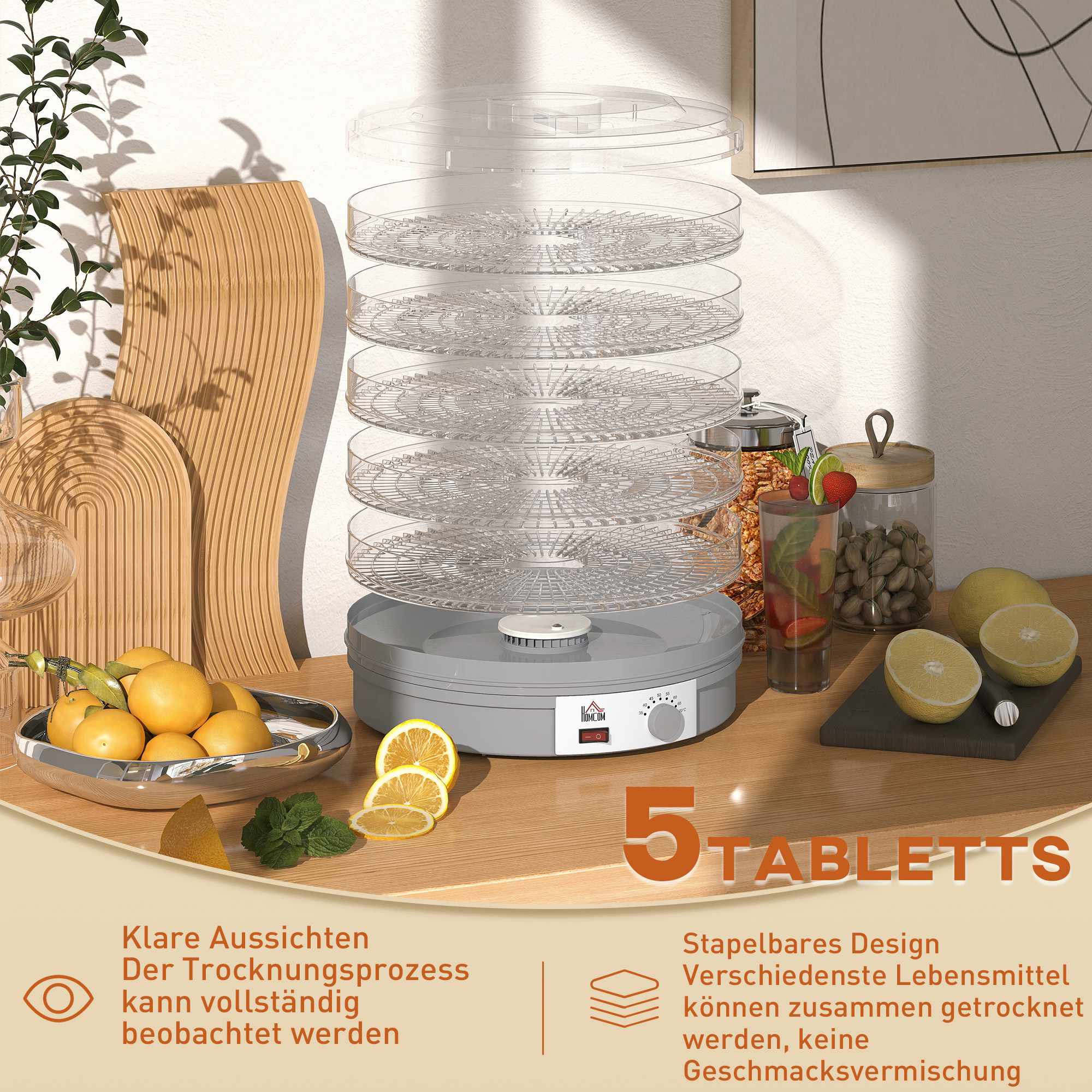 Mattorkmaskin med 5 stapelbara brickor, justerbar temperatur