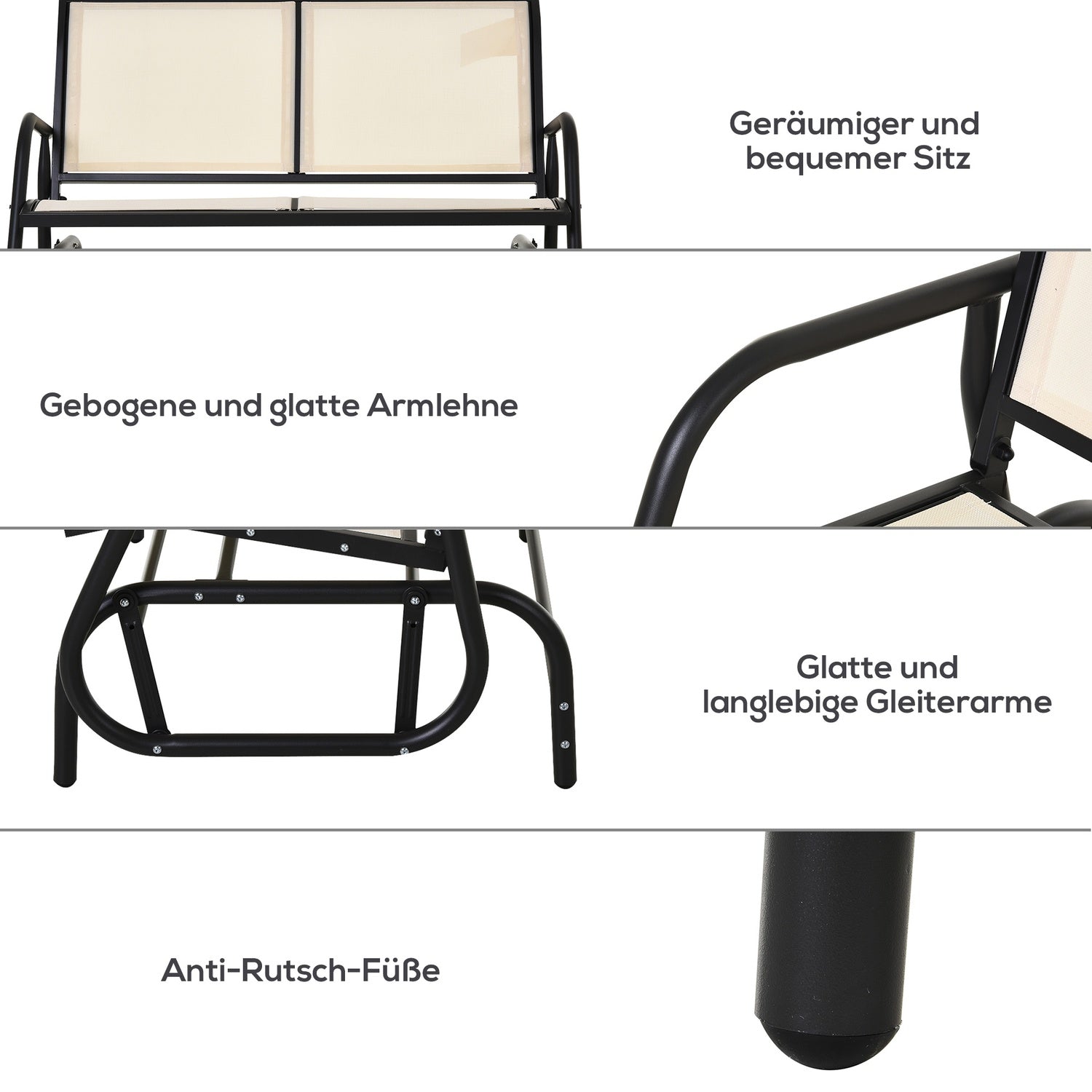 Metall 2-sits gungbänk – Svart & Beige 120x70x85 cm