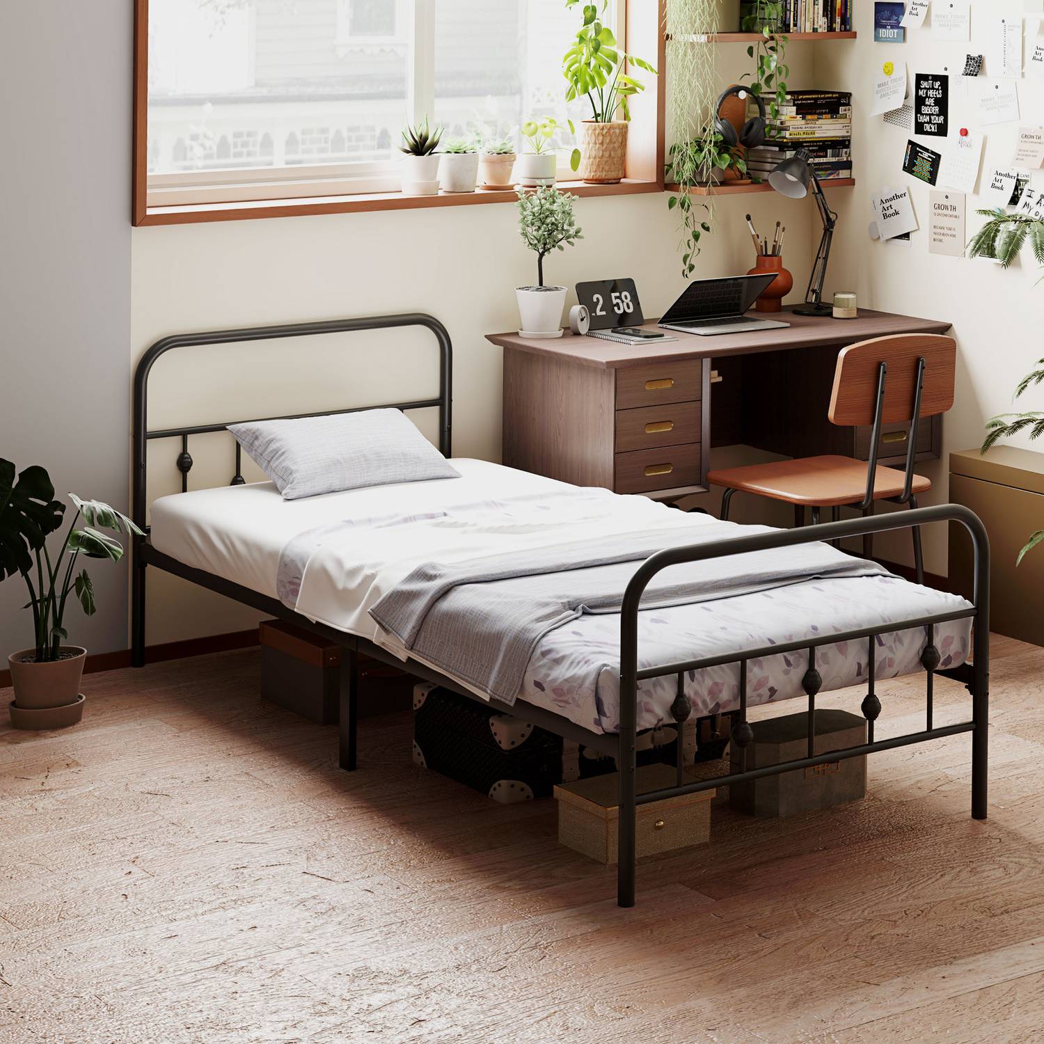 Metall ihopfällbar sängram, 200x90 cm, svart, 82,5 cm hög