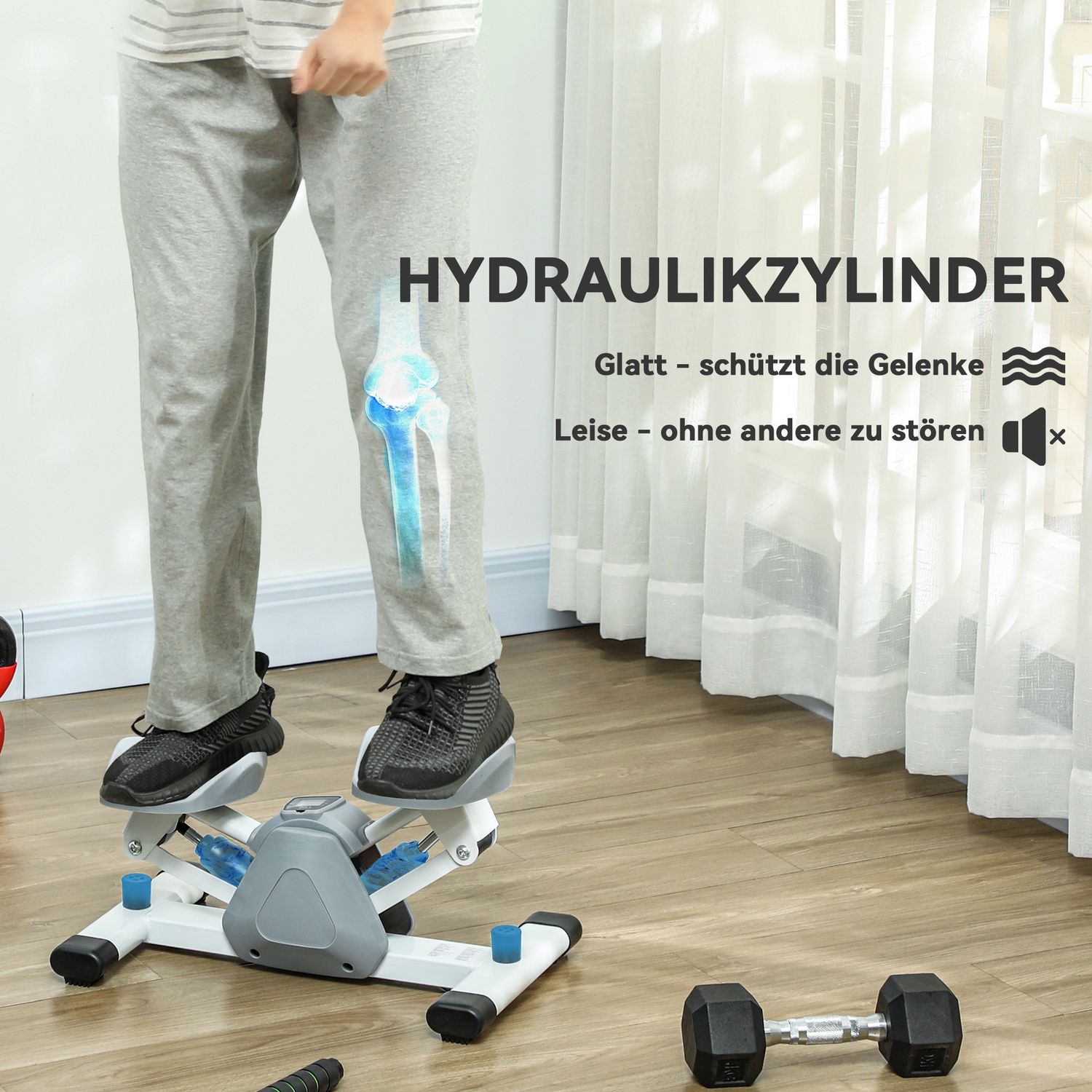 Mini domácí stepper s LCD displejem a protiskluzovými pedály, šedý