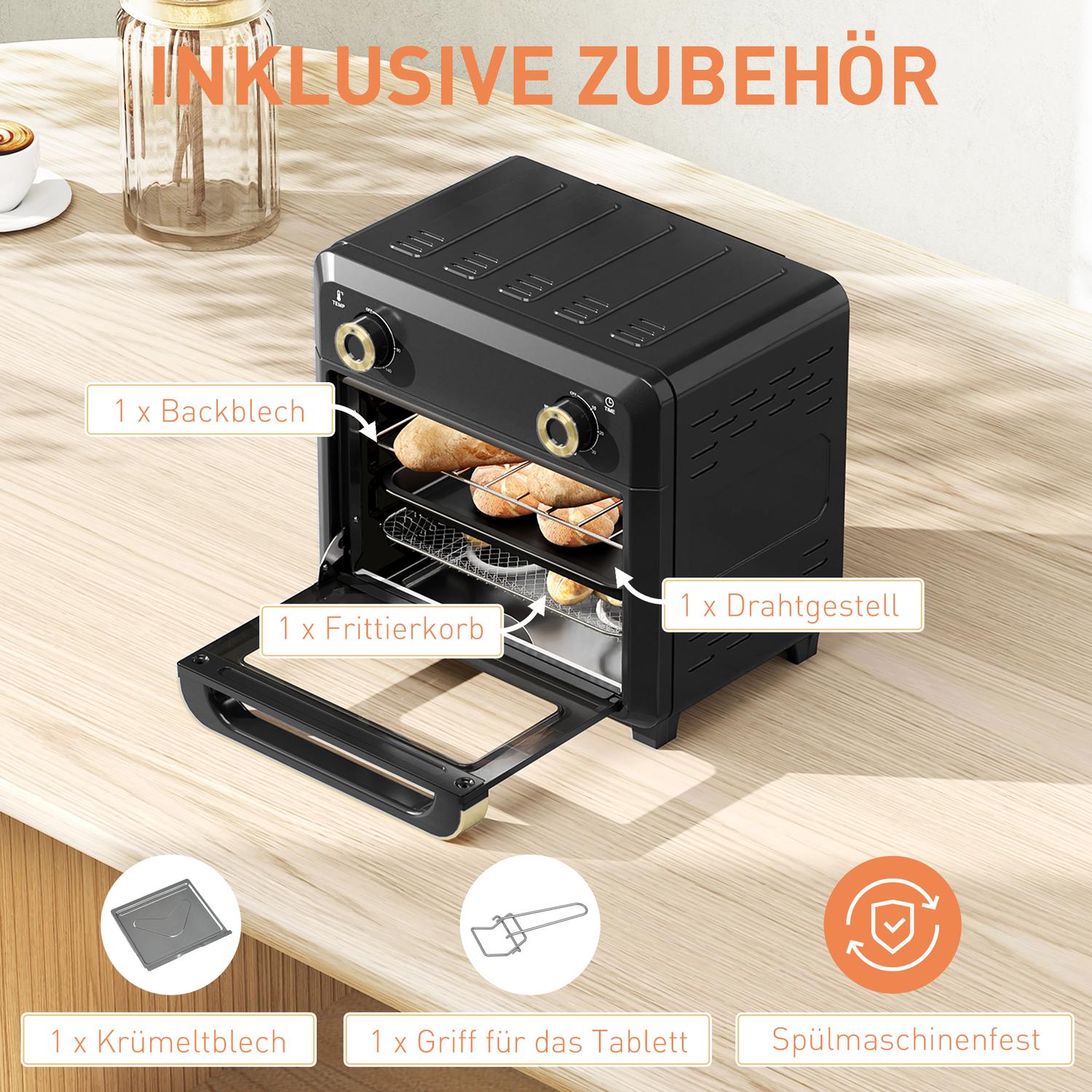 Miniugn med varmluft, airfryer, timer, 10L, svart