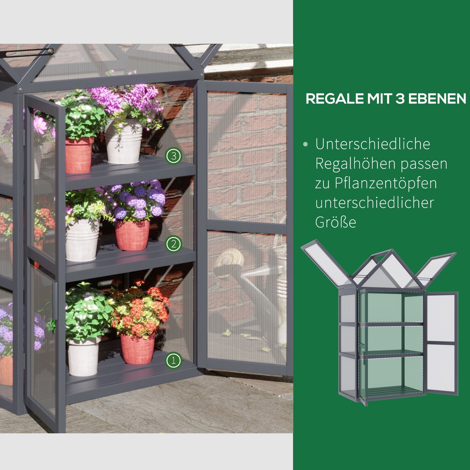 Miniväxthus, 3-nivå träram med gångjärnstak