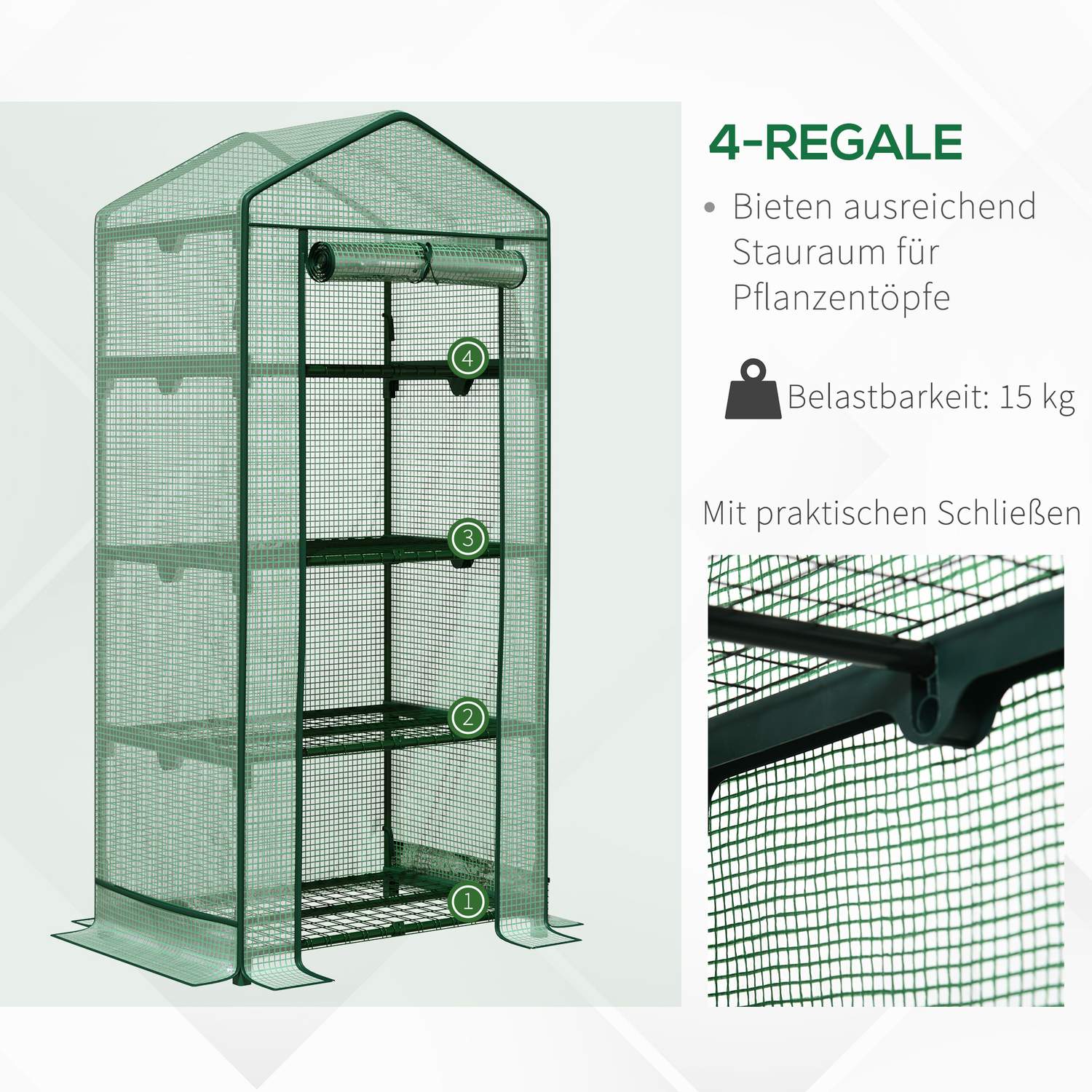 Miniväxthus med foliekåpa, rulldörr, 4 hyllplan