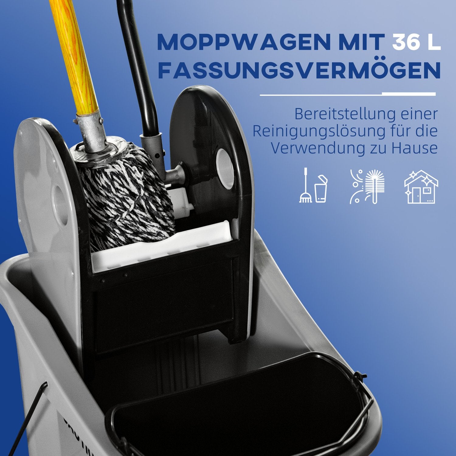 Mobilní úklidový vozík s 36L kbelíkem a ždímačem, šedý