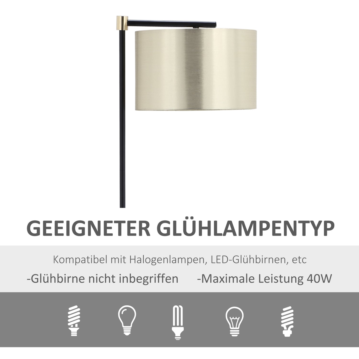 Modern golvlampa, 40W, E27, tygskärm, guld+svart
