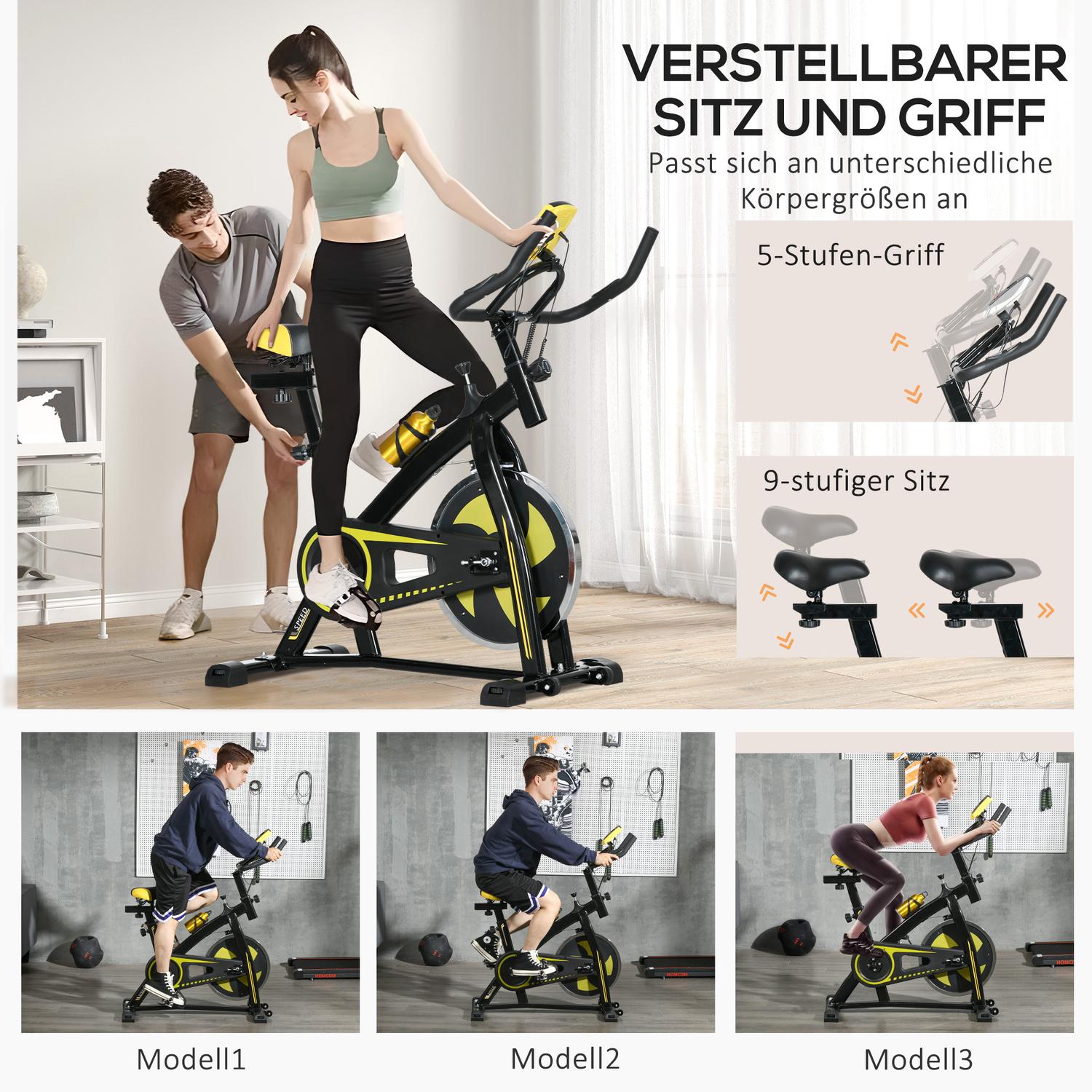Motionscykel, tyst, justerbart motstånd, pulssensor, monitor, gul