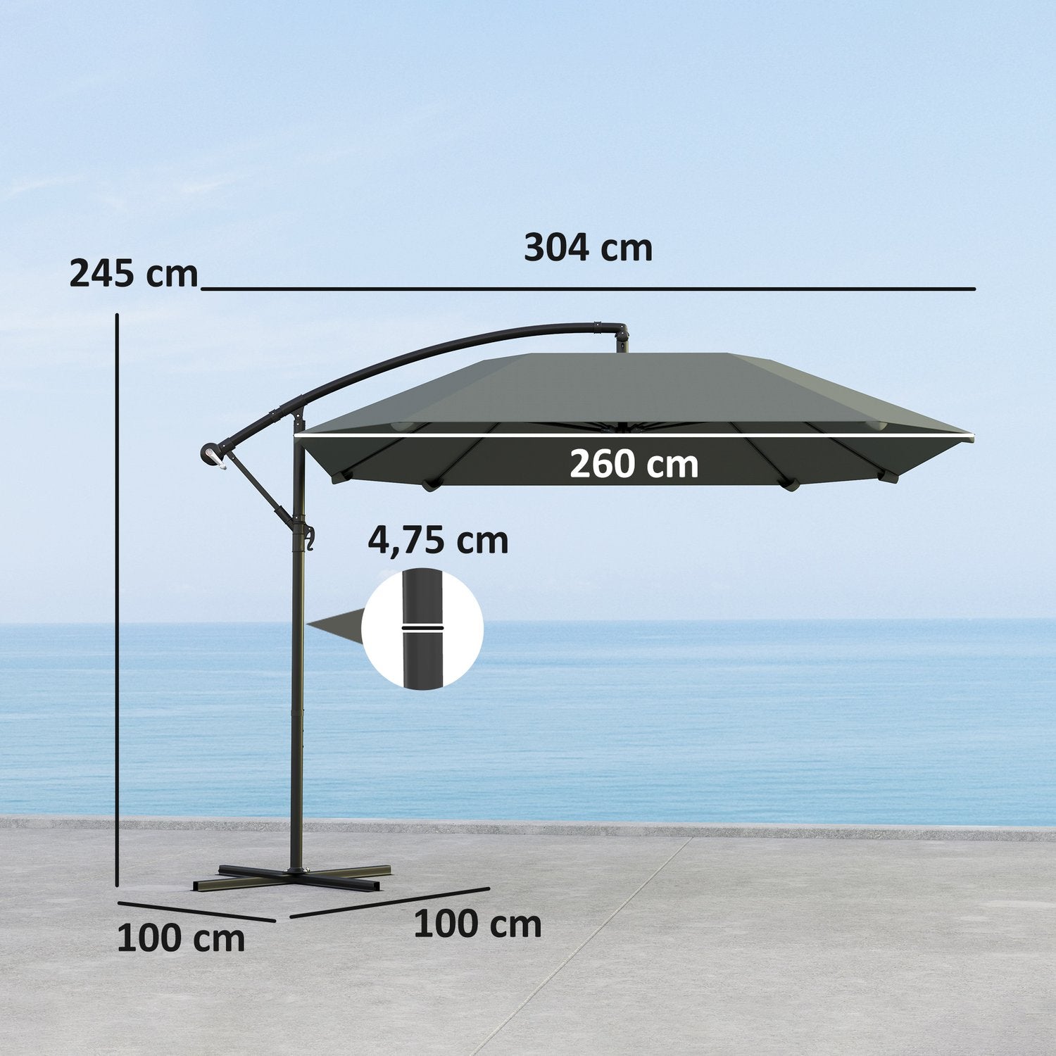 Mörkgrå fribärande paraply, 260cm, vev & vindlås