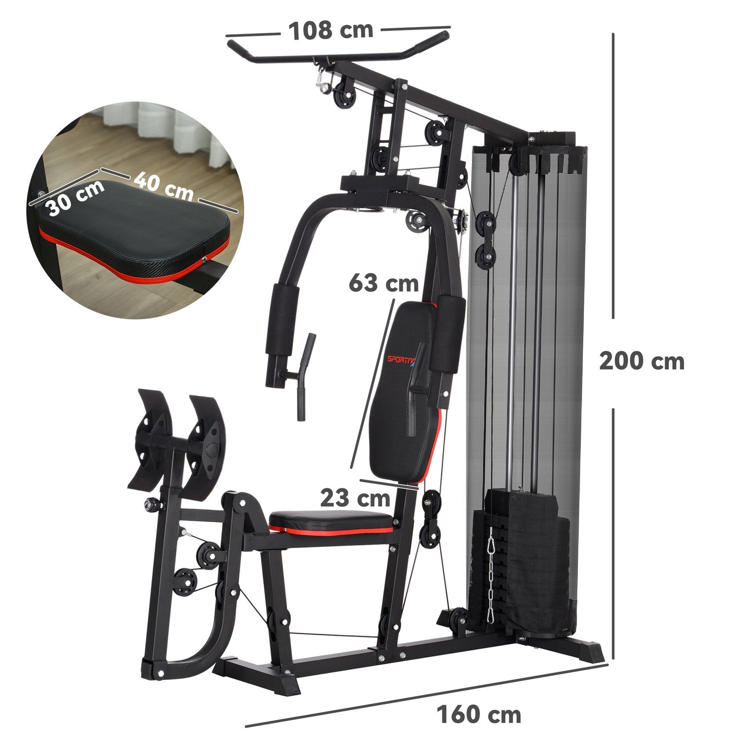 Multifunktionell fitnessstation med benpress och 45 kg vikter