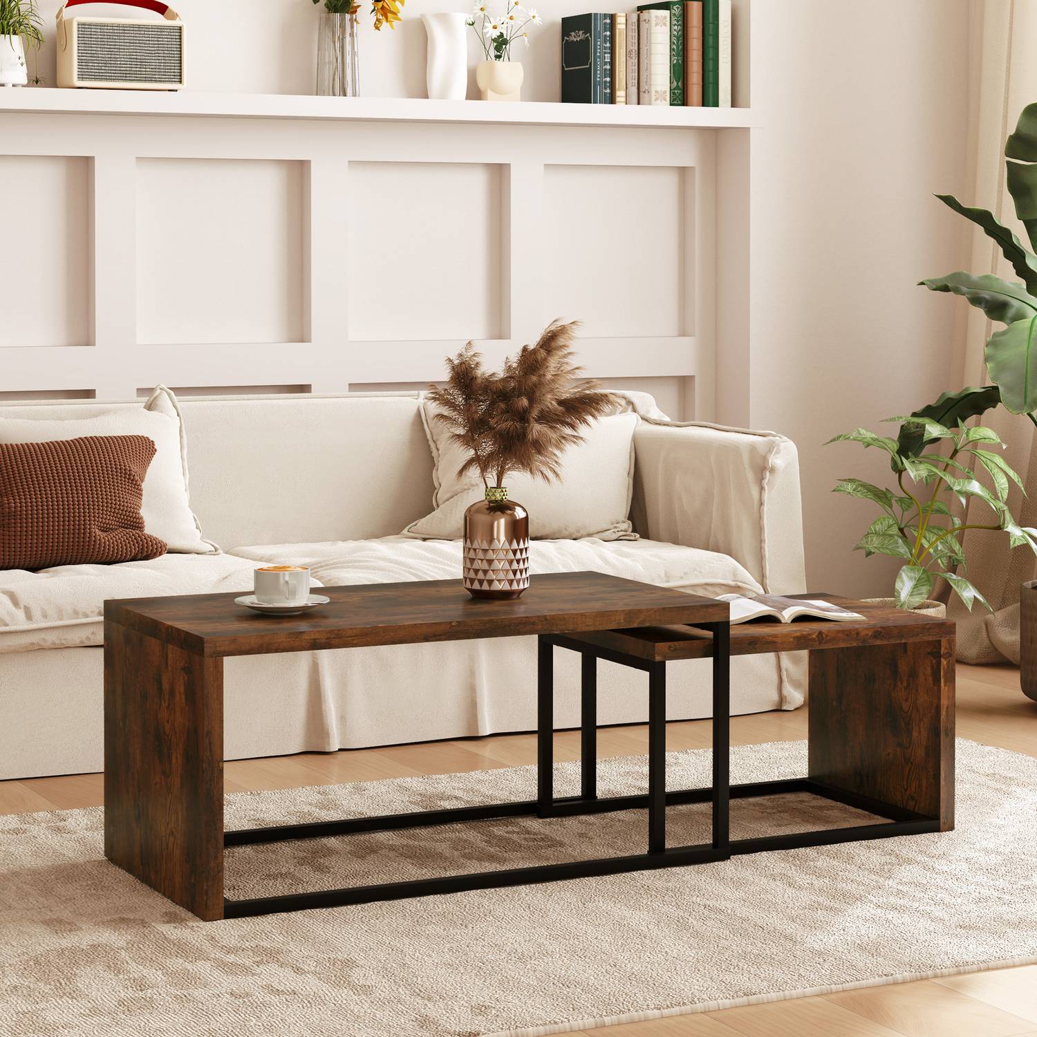 Multifunktionellt soffbordsset – svart & brun metallunderrede