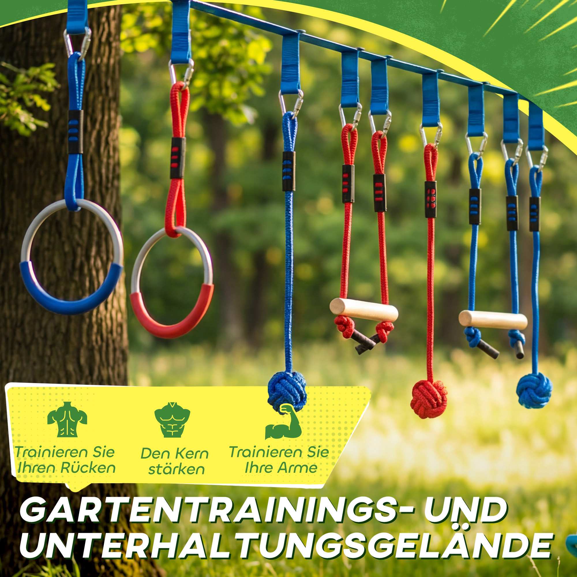 Ninja Slackline Kinder-Kletterseil-Set, 3-i-1 Schaukel, 100 kg Belastbarkeit