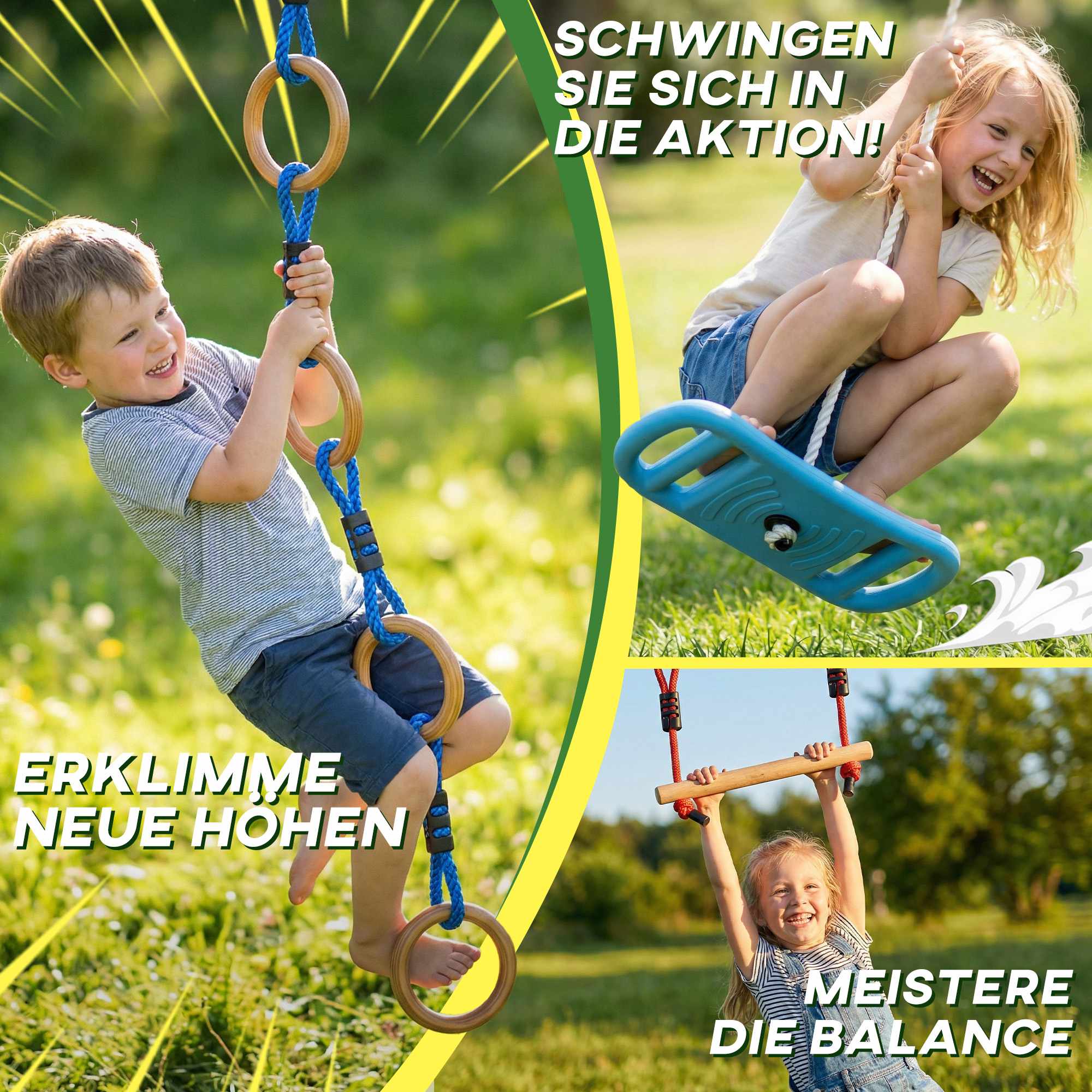 Ninja Slackline Kinder-Kletterseil-Set, 3-i-1 Schaukel, 100 kg Belastbarkeit