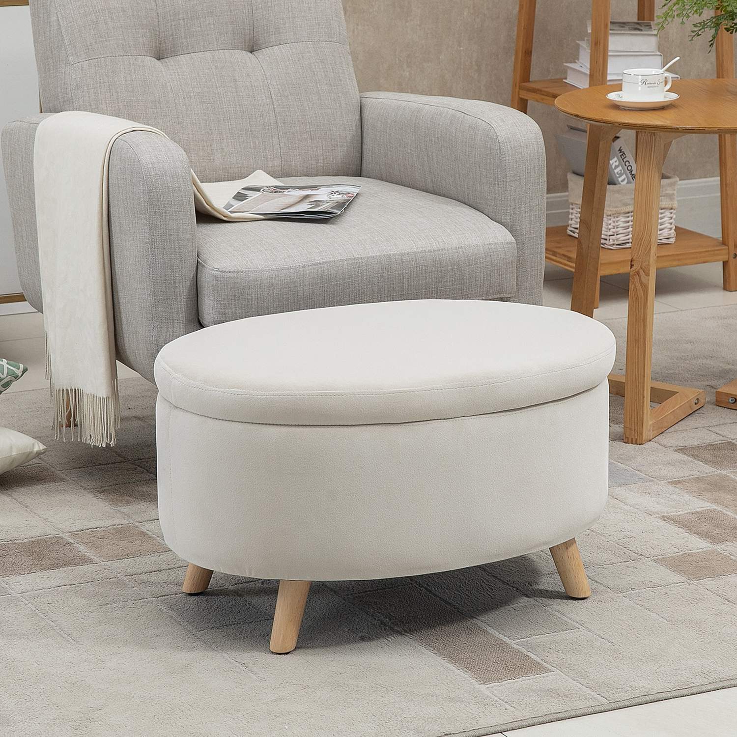 Oval stoppad förvaringsbänk - sammetslook, beige, 71x51,5x42 cm