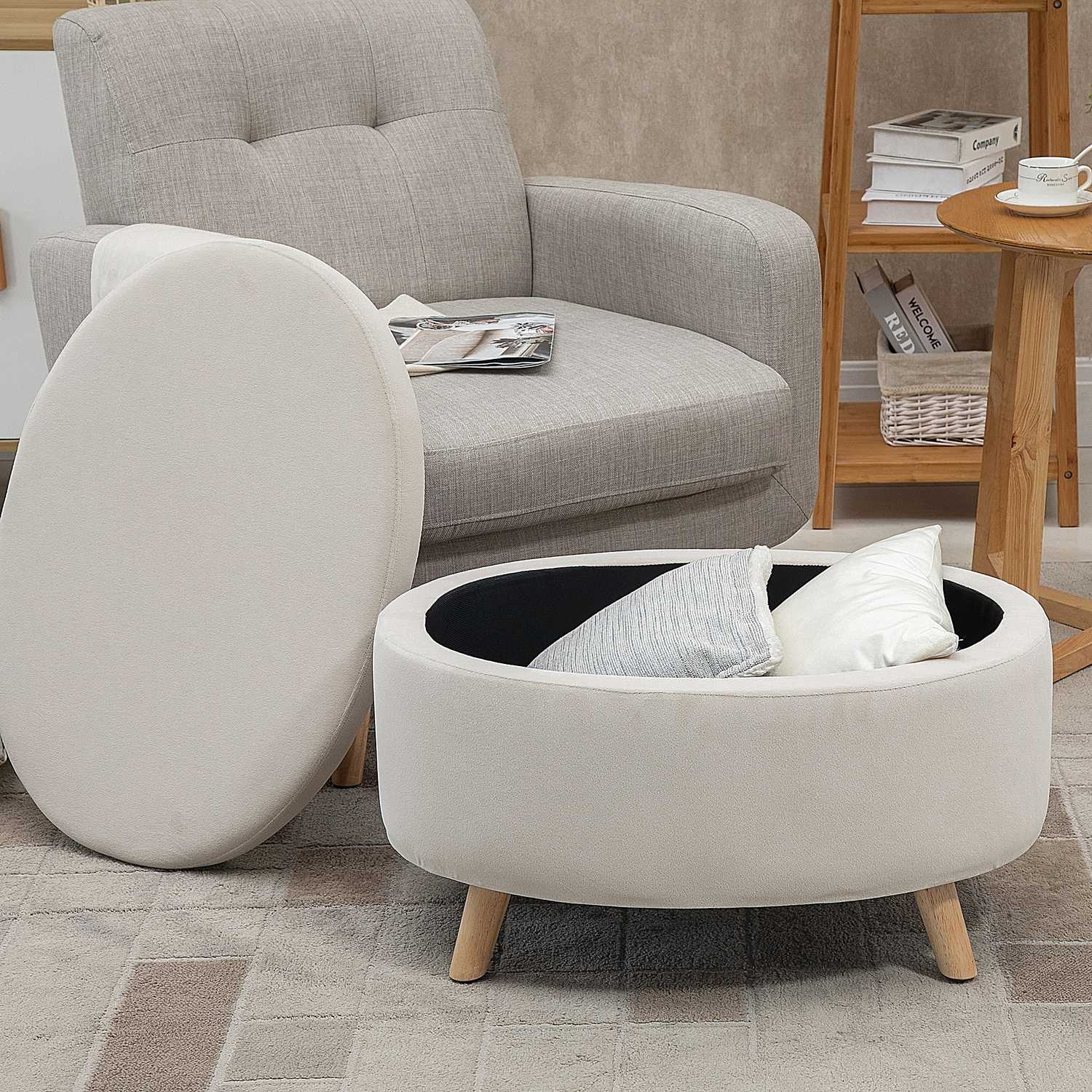 Oval stoppad förvaringsbänk - sammetslook, beige, 71x51,5x42 cm