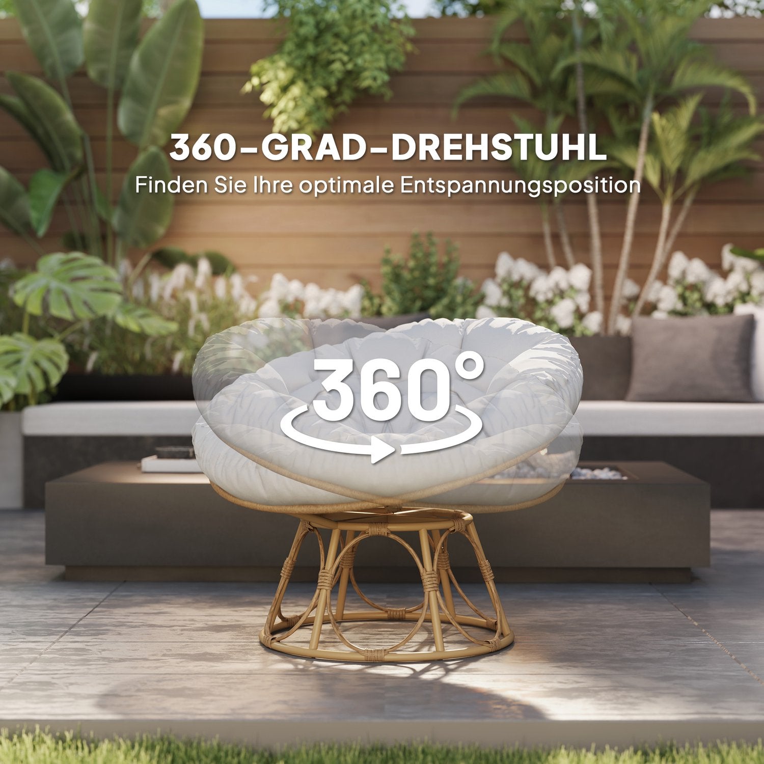 Křeslo papasan, otočné o 360°, ratanové, s polštářem, světle šedé