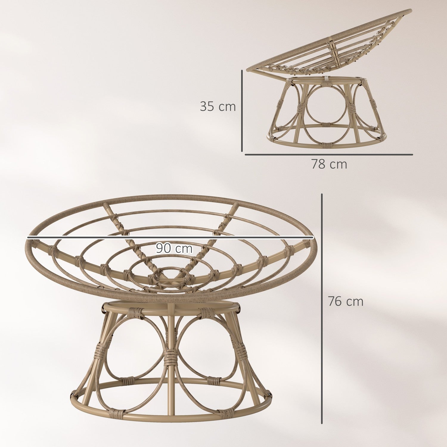 Křeslo papasan, otočné o 360°, ratanové, s polštářem, světle šedé