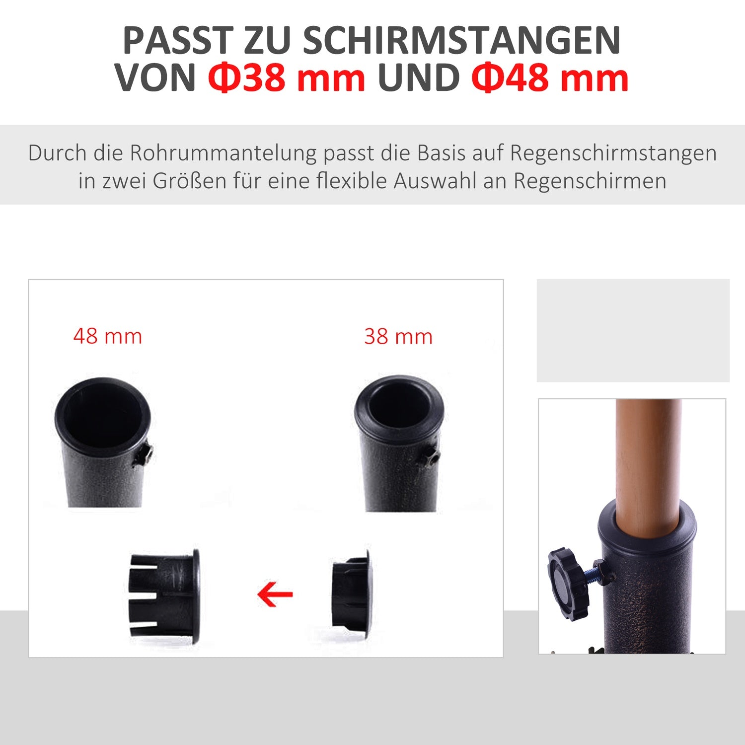 Paraplystativ i svart syntetiskt harts, 15 kg, passar Ø38/48 mm