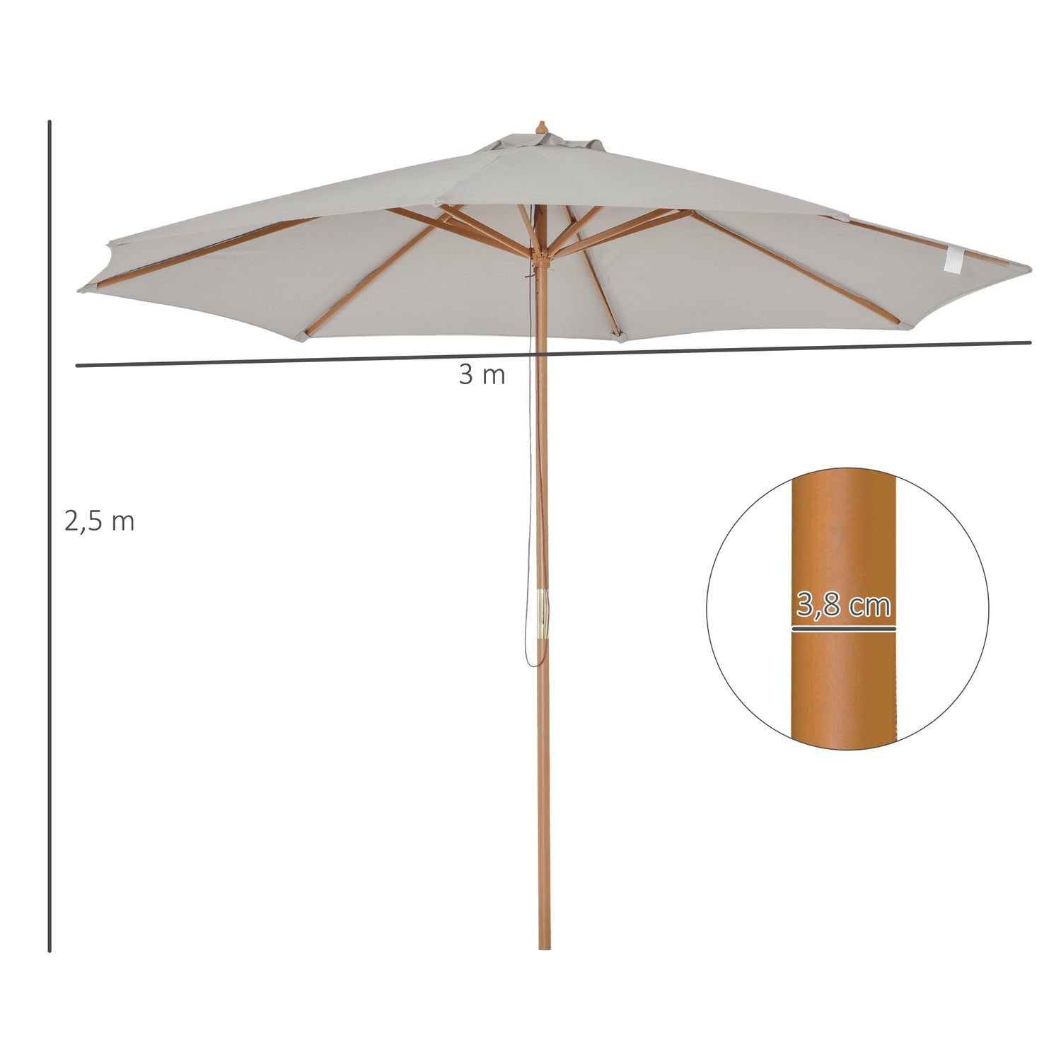 Parasoll i trä, 300 Cm Trädgård & Balkongparasoll, Grå