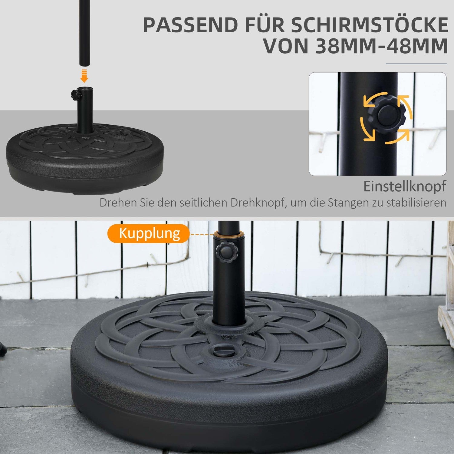Parasollställ för balkong & trädgård – 35 kg, rund, svart