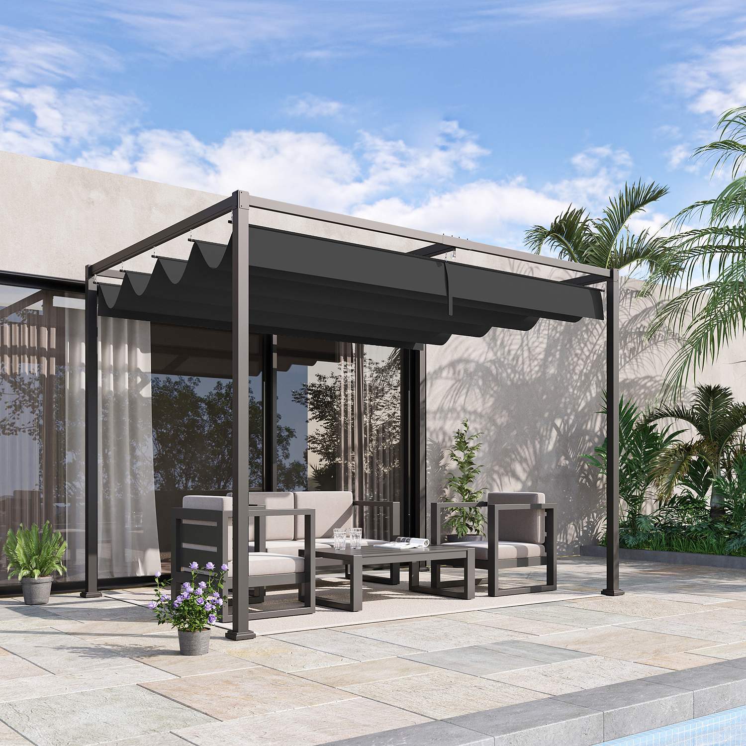Pergola Gazebo med justerbar kapell, svart & grå polyester