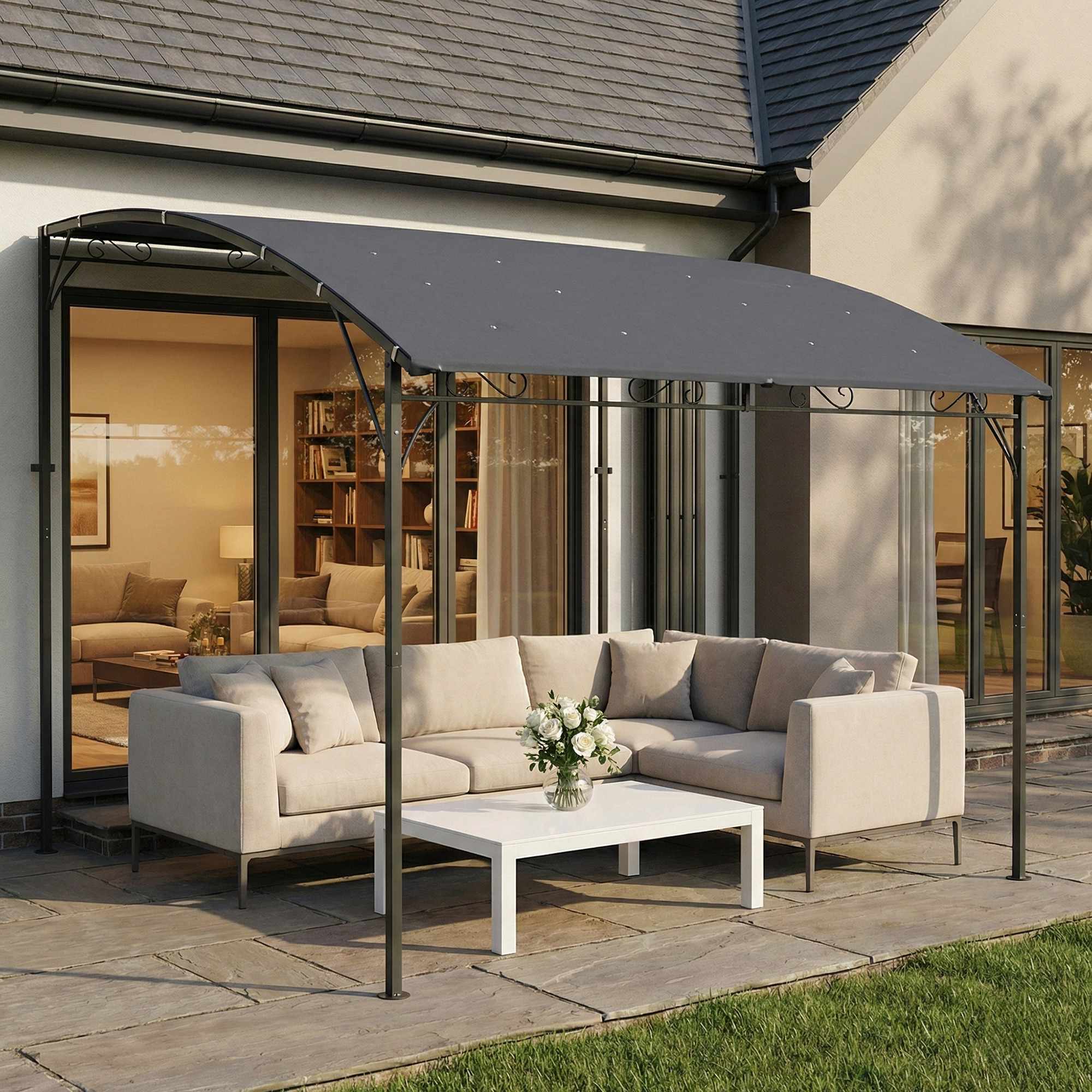 Pergola med vattentät tak, metallram, 384x286 cm