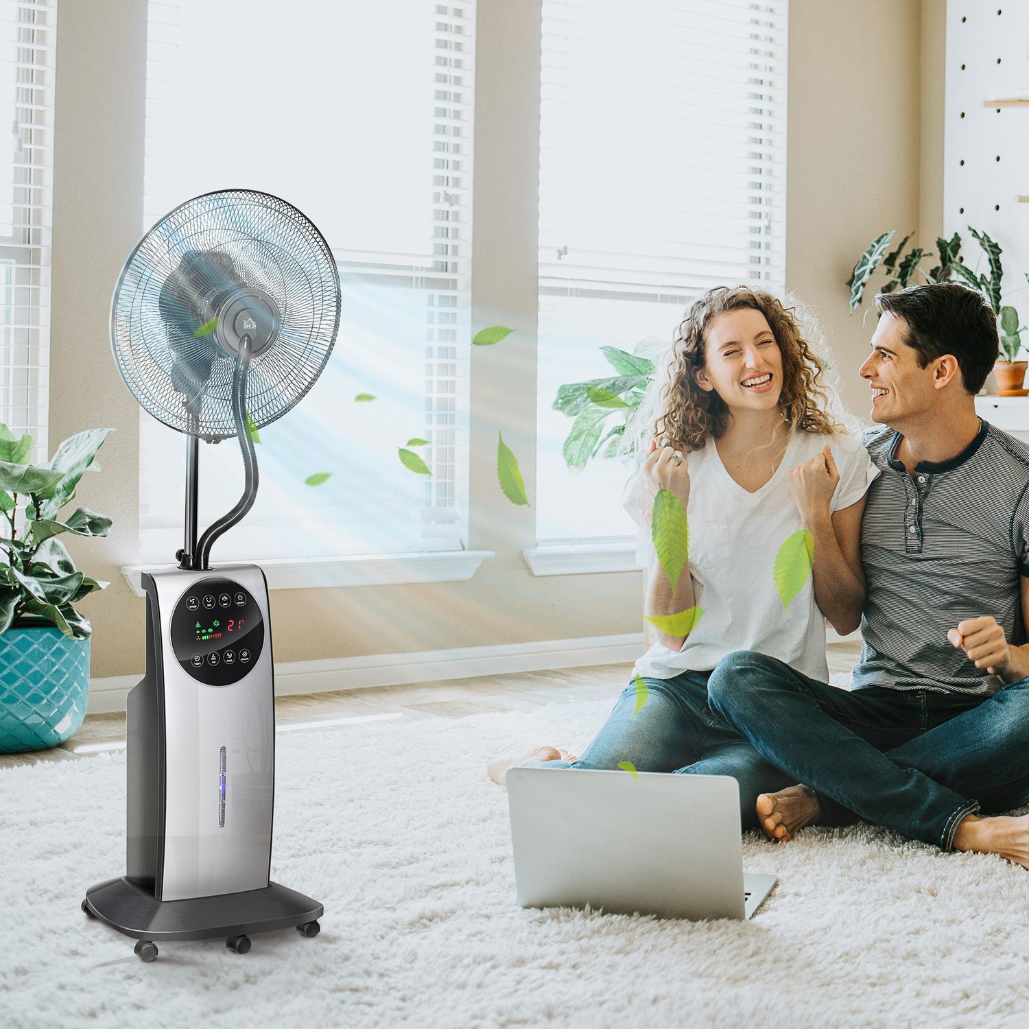 Stojanový mlžící ventilátor 90W, 3 režimy proudění vzduchu, dálkové ovládání, černý