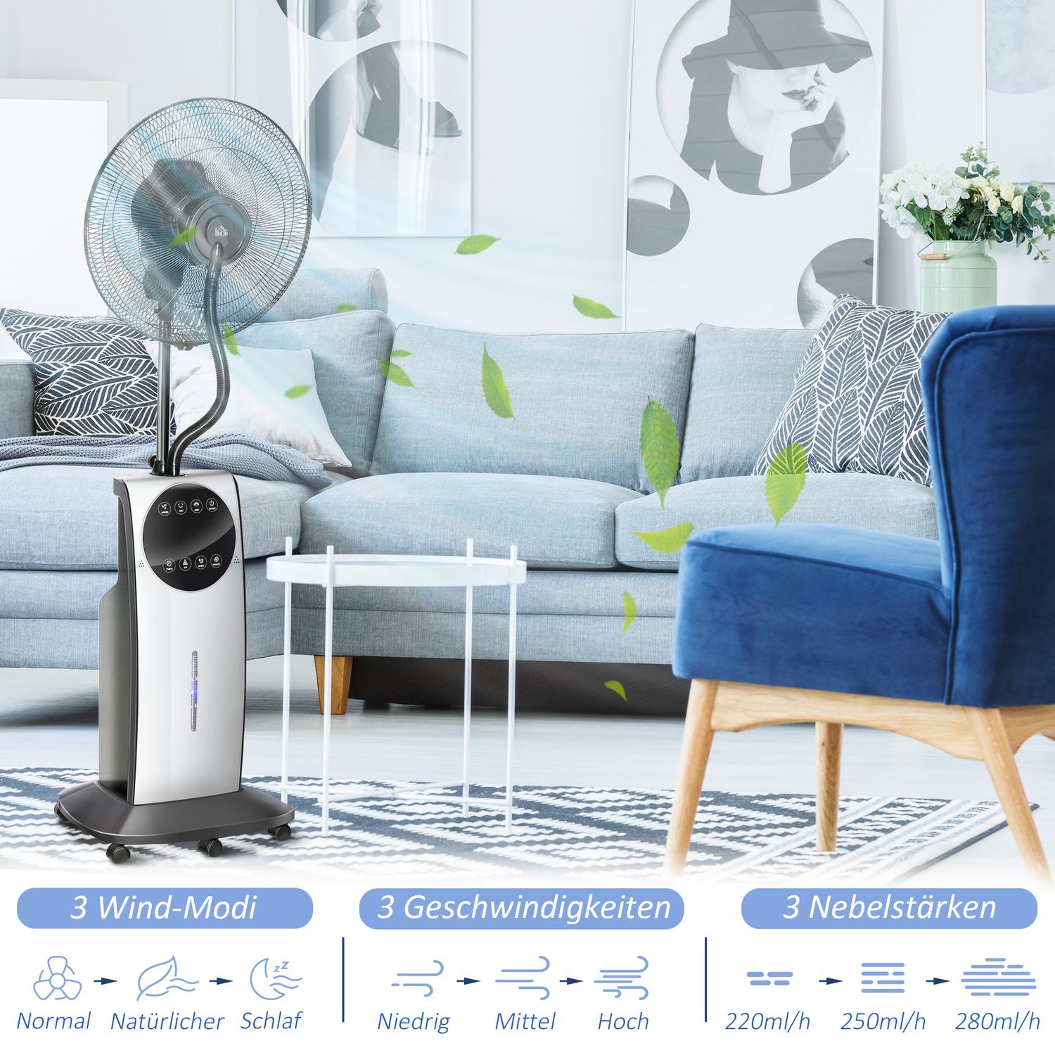 Stojanový mlžící ventilátor 90W, 3 režimy proudění vzduchu, dálkové ovládání, černý