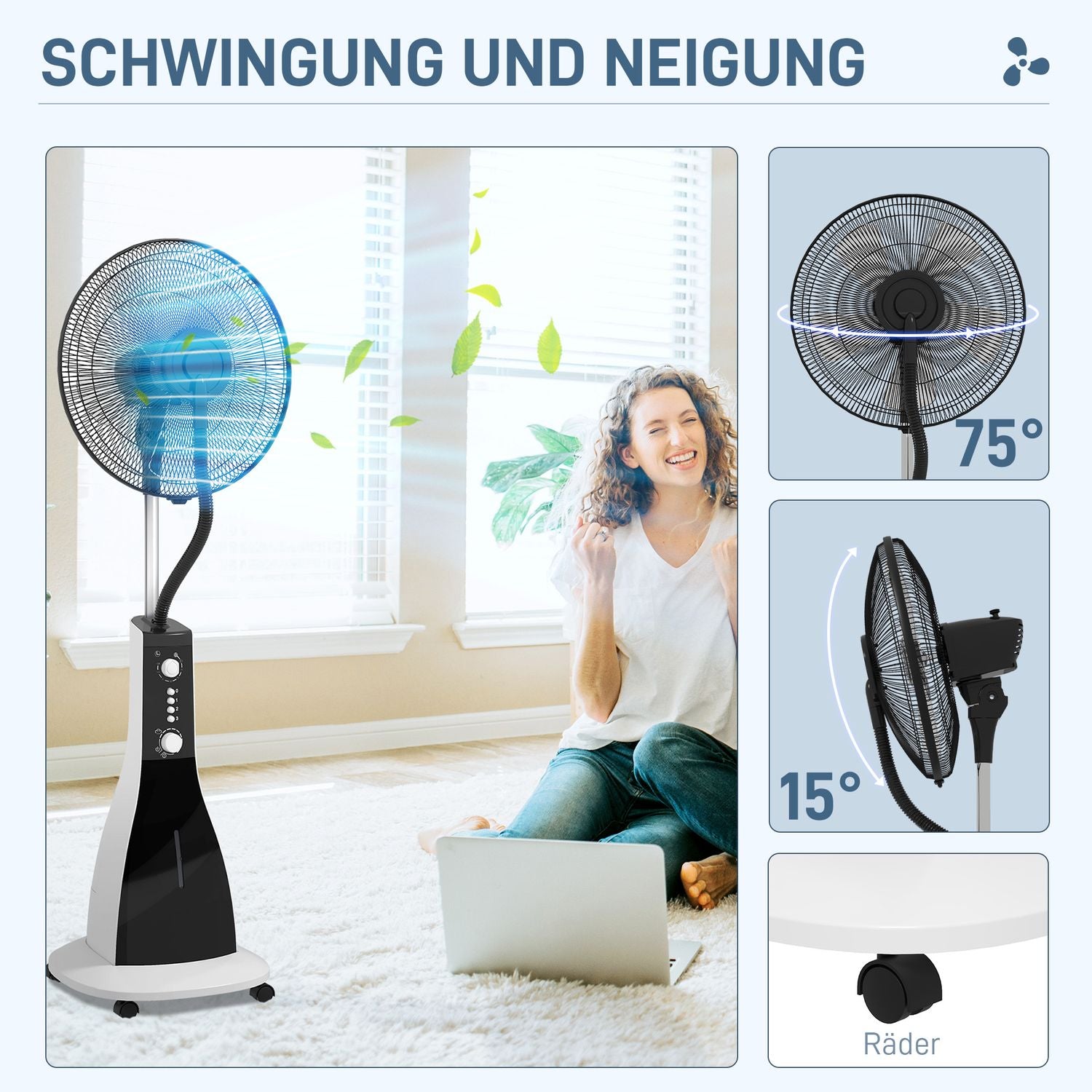 Stojanový mlhový ventilátor, 3 režimy, nádrž 3 l, časovač, černý