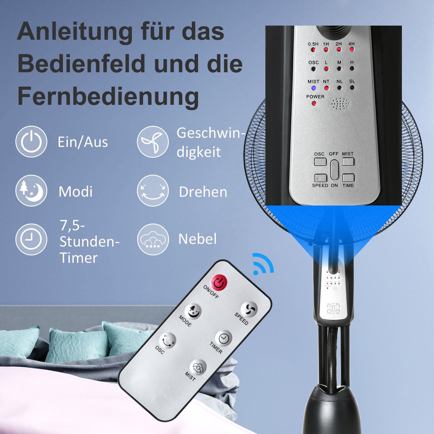 Piedestalfläkt med dimma, timer, justerbar vinkel, 3 lägen